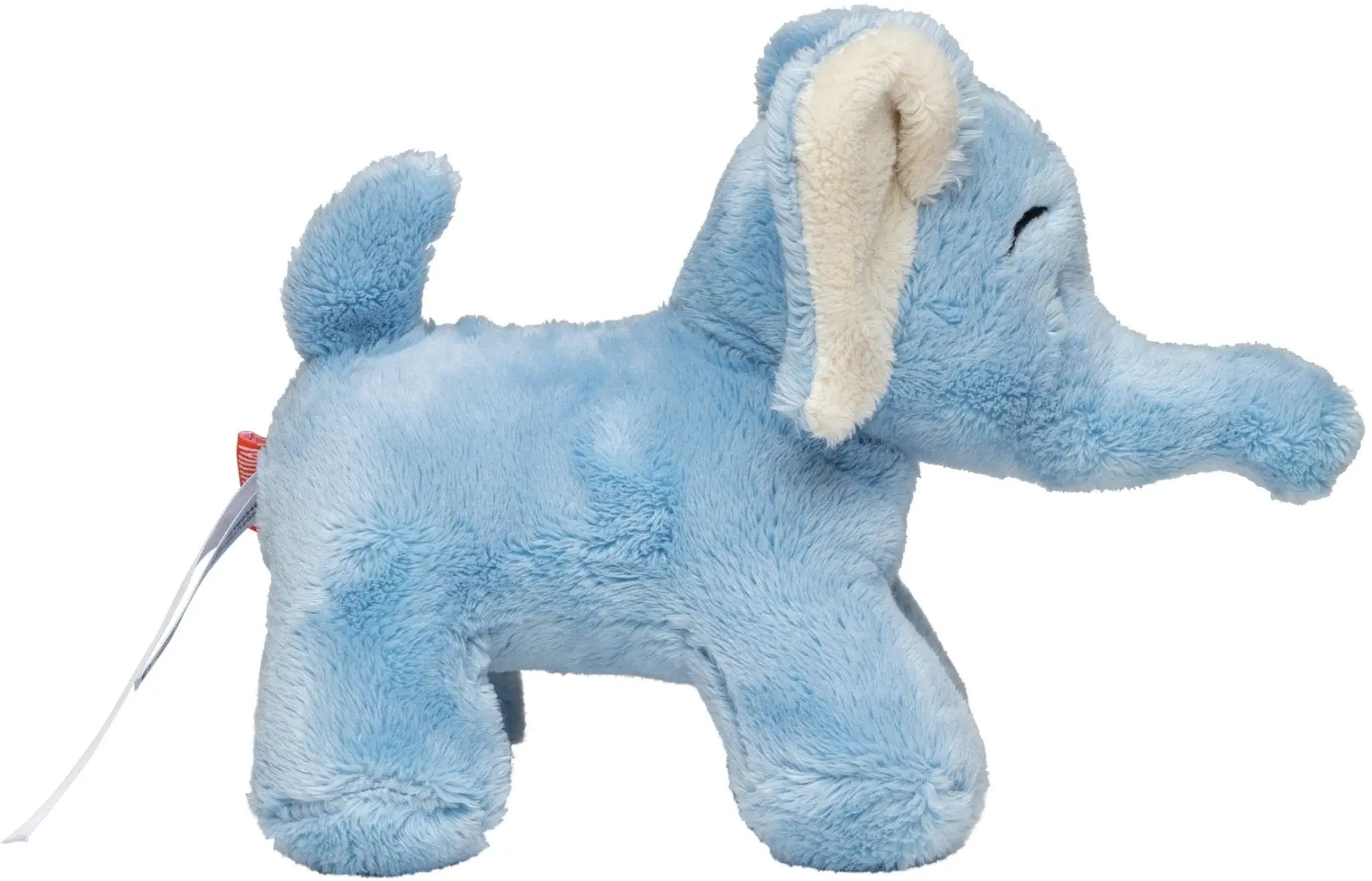 Weicher blauer elefant hannes plüschtier mit cremefarbenen ohren und flauschigem stofftier-textur
