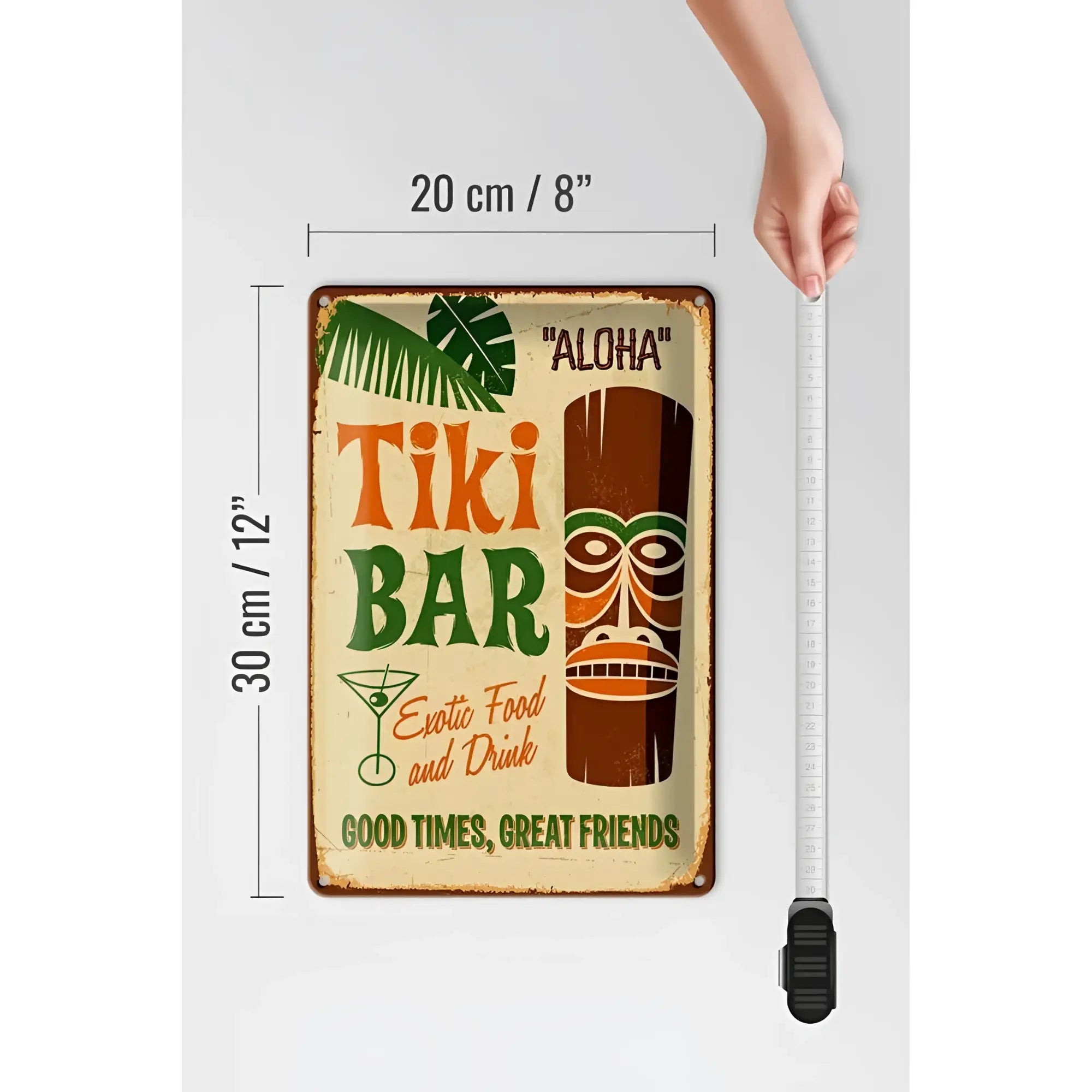 Vintage metallblechschild 20x30cm tiki bar aloha in creme mit orange grün beschriftung und tropischen blättern