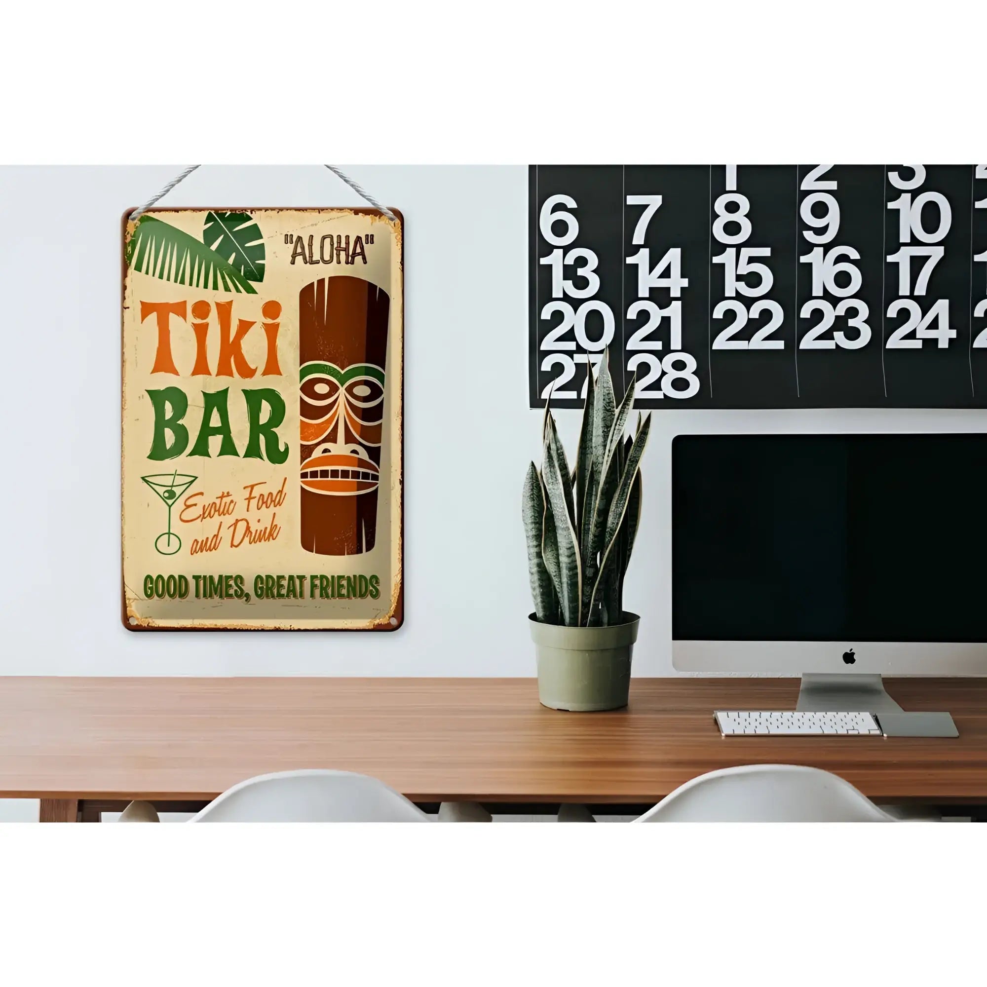 Vintage blechschild 20x30cm tiki bar aloha mit wetterfestem beigen finish, oranger und grüner schrift und tiki maske