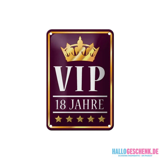 Blechschild Hinweis 12x18cm VIP 18 Jahre lila/weiß Dekoration