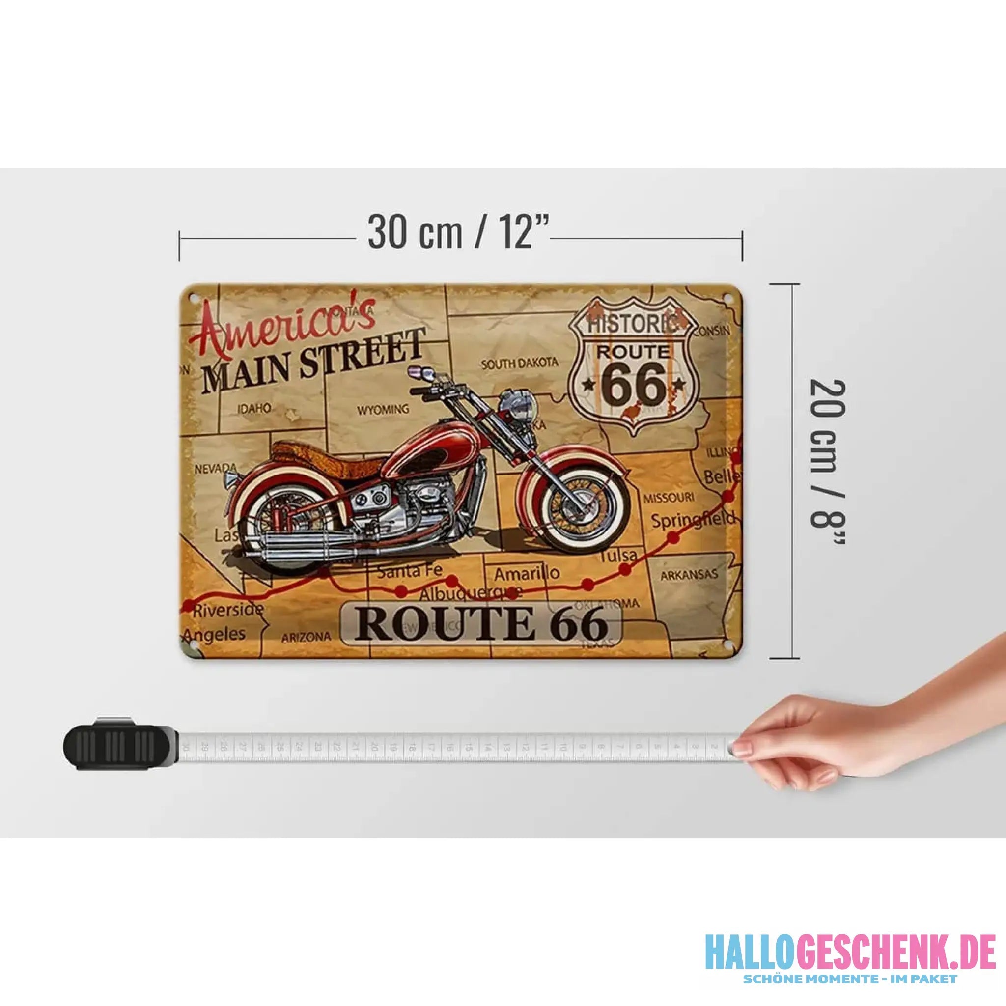 Blechschild Motorrad 30x20cm America`s main street route 66
