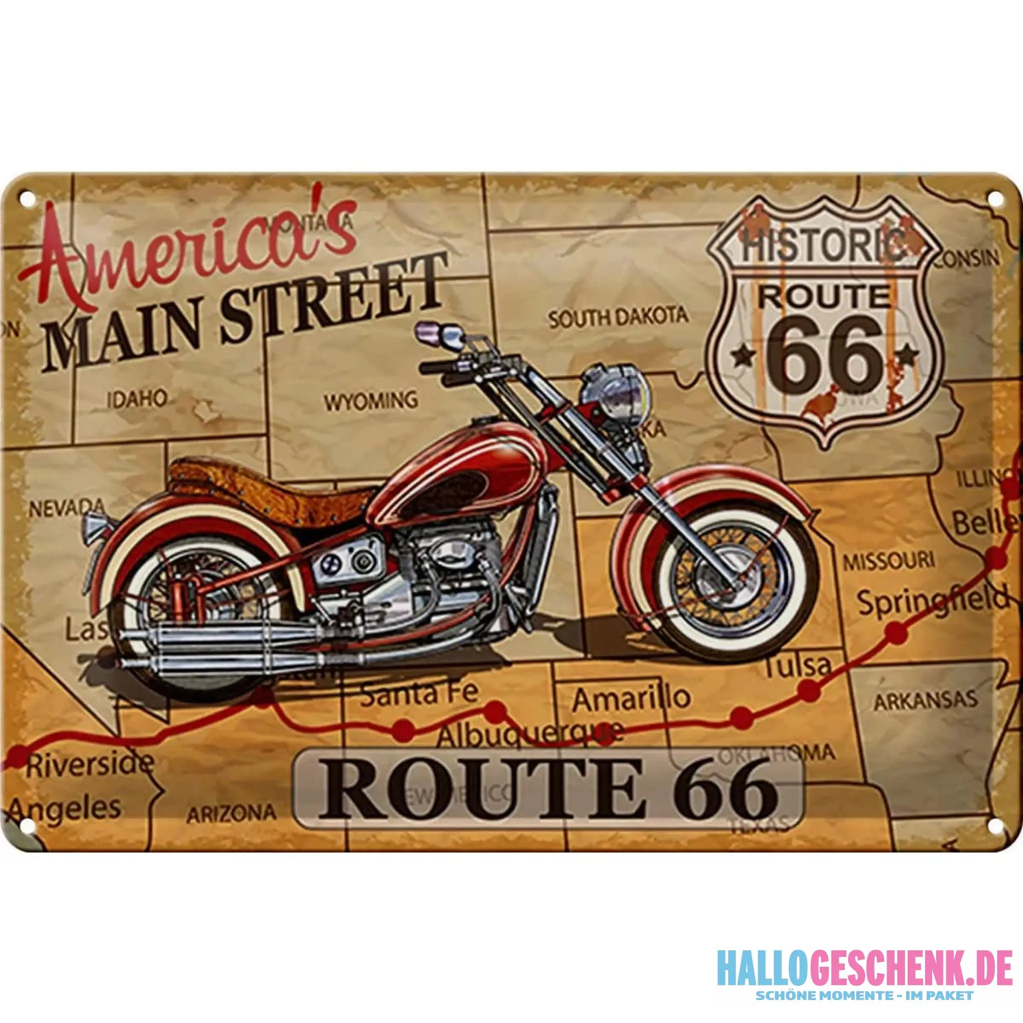 Blechschild Motorrad 30x20cm America`s main street route 66