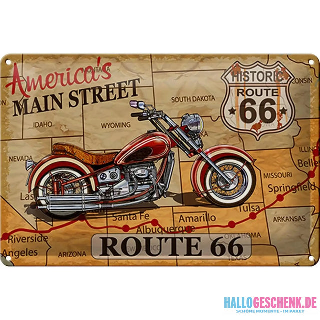 Blechschild Motorrad 30x20cm America`s main street route 66
