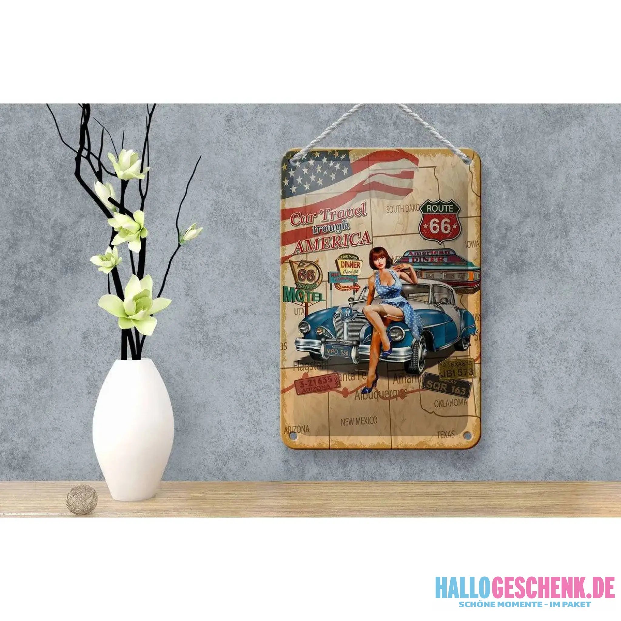 Blechschild Retro 12x18cm Pinup Car Travel trough America Dekoration