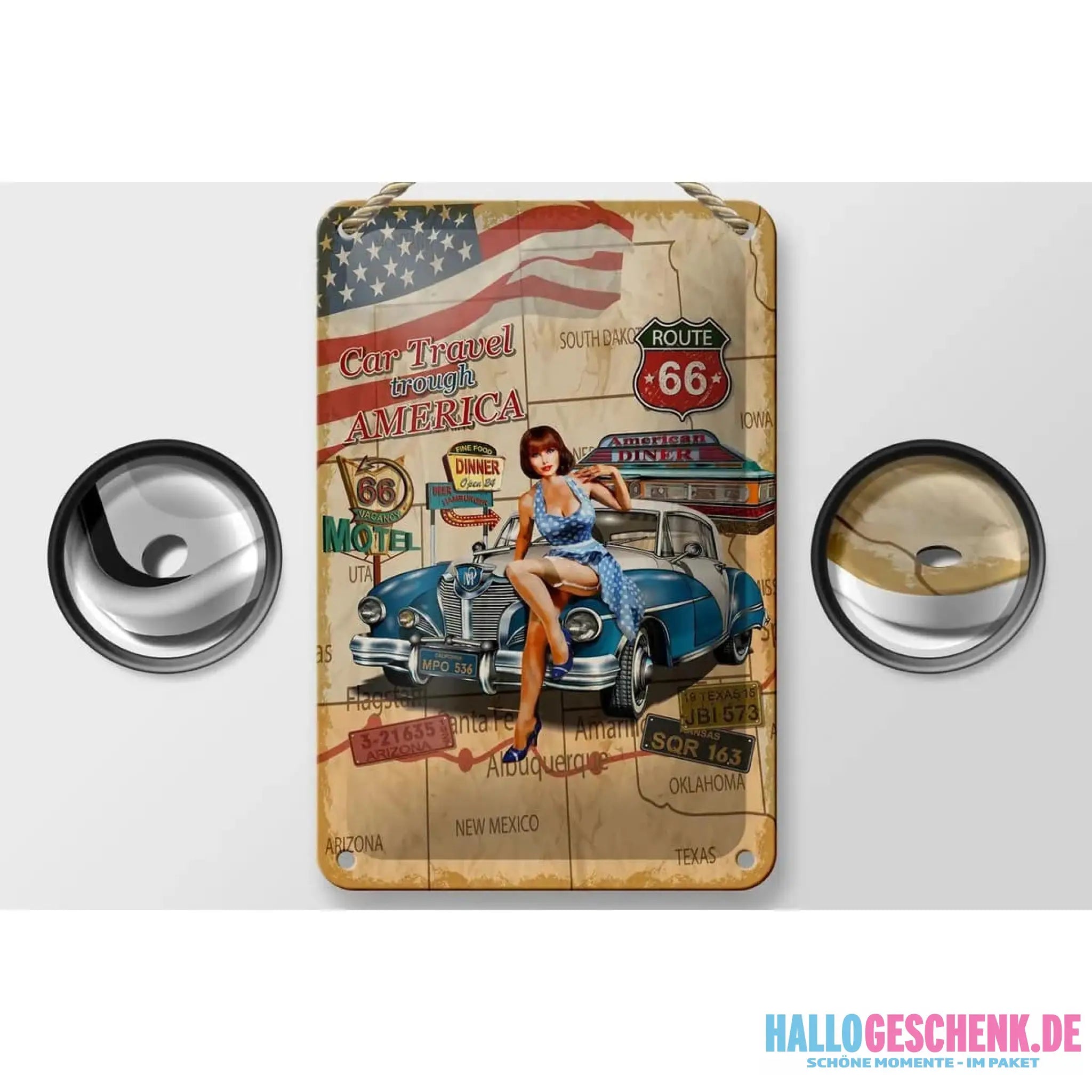 Blechschild Retro 12x18cm Pinup Car Travel trough America Dekoration