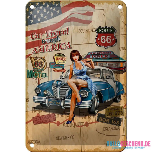 Blechschild Retro 12x18cm Pinup Car Travel trough America Dekoration