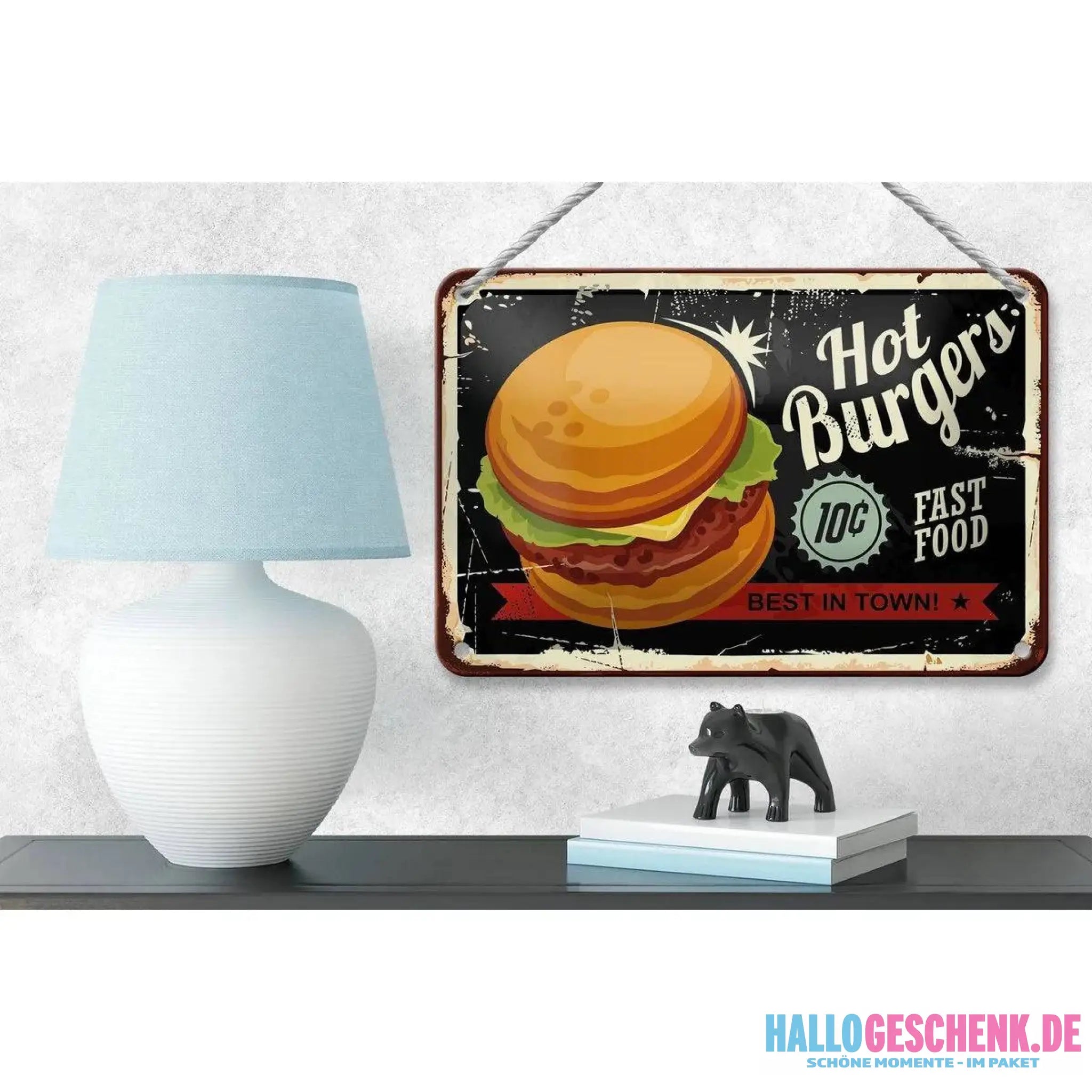 Blechschild Retro 18x12cm Hot burgers best in town Dekoration