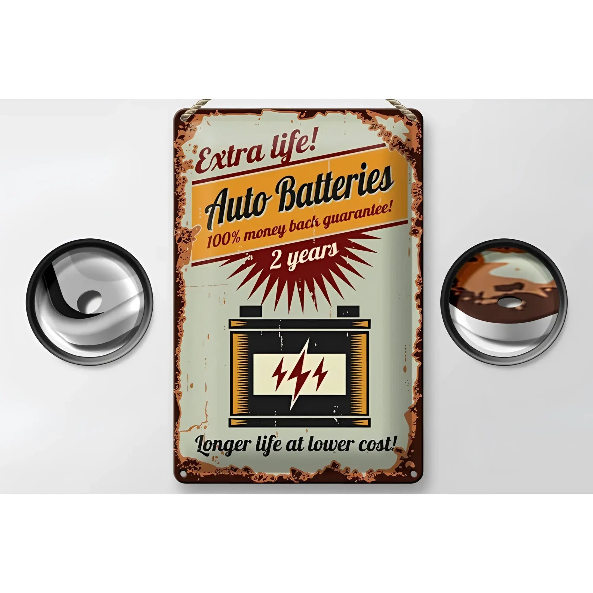 Rustikales vintage-blechschild 20x30cm aus metall mit wettereffekt und auffälligem orange-schwarz-creme text für autobatterien