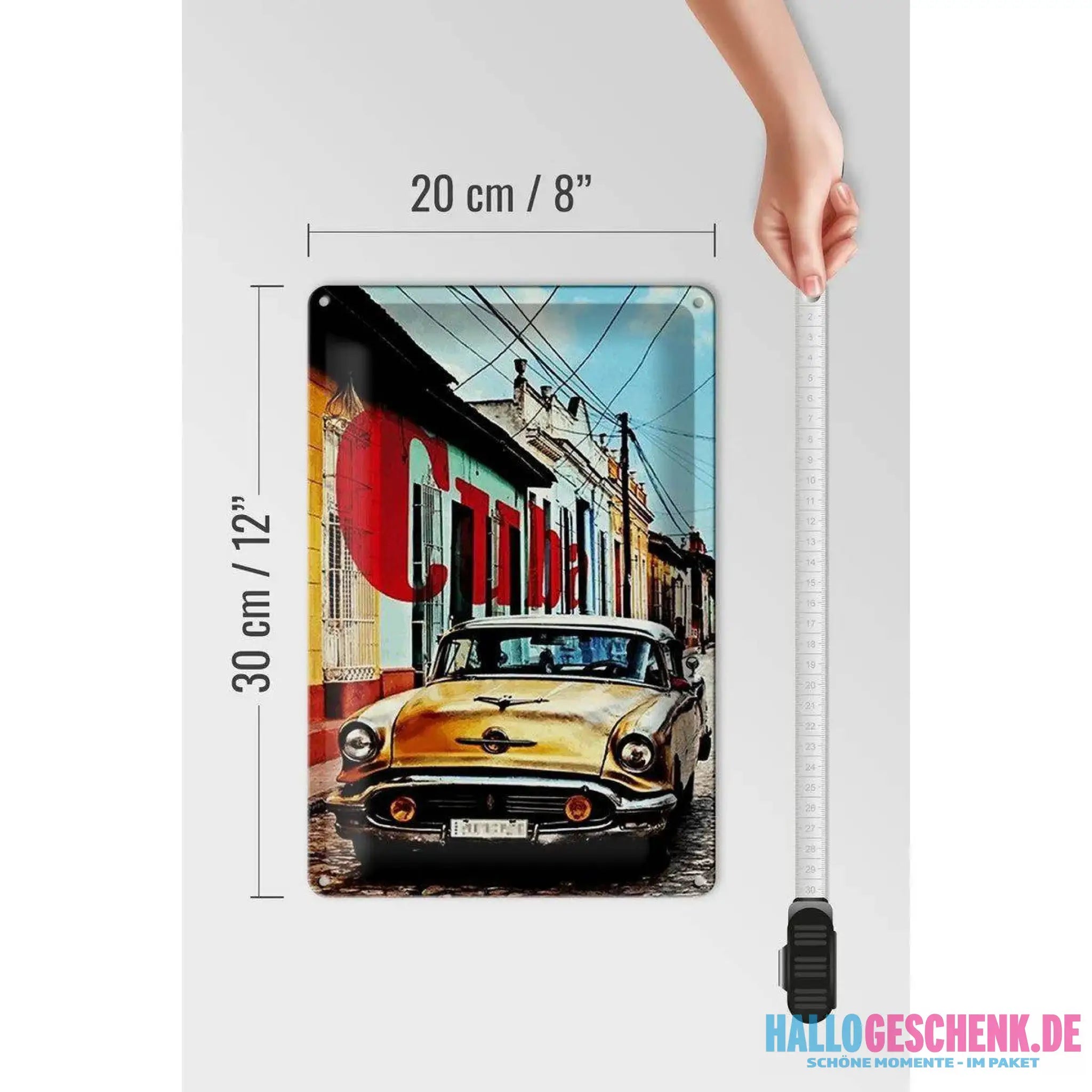 Blechschild Spruch 20x30cm Kuba Cuba altes gelbes Auto Oldtimer in Gasse bunt