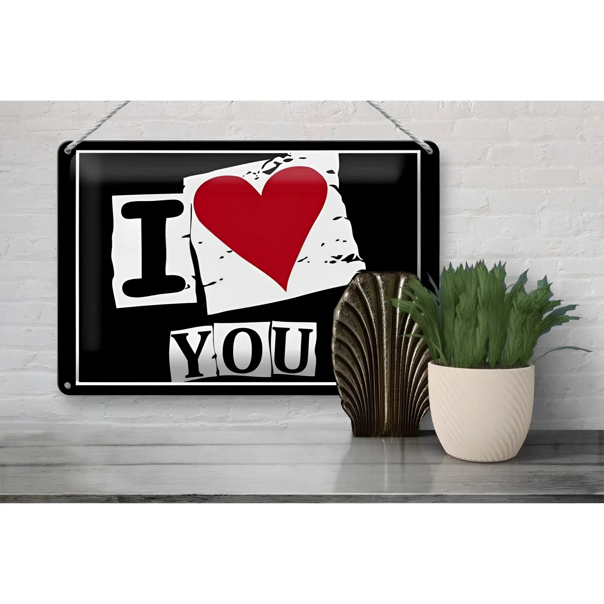 Blechschild spruch 30x20cm mit schwarzem grund und weiß-rotem i ♥ you design aus metall