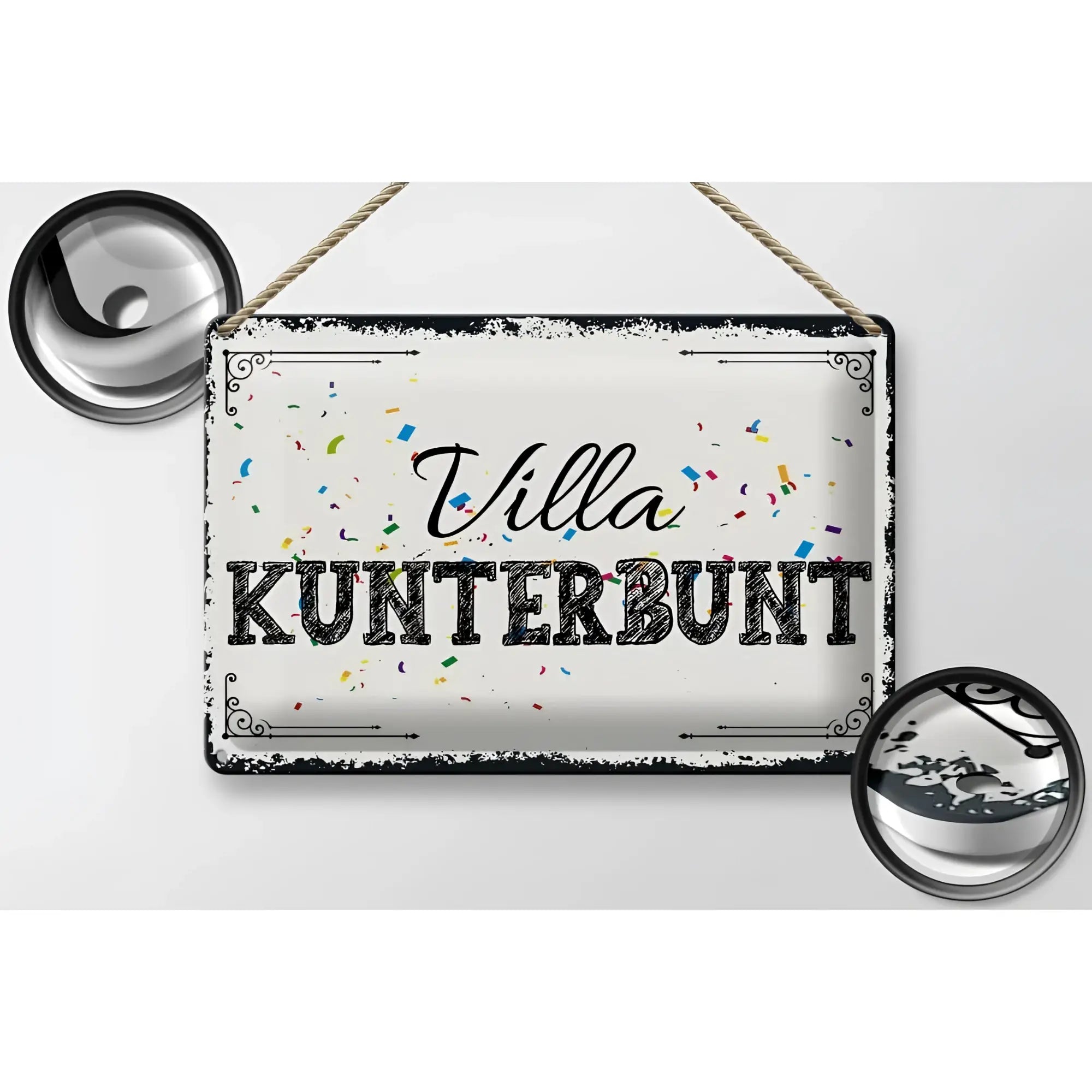 Weißes blechschild 30x20cm mit schwarzem rahmen und konfetti design text villa kunterbunt in eleganter schrift