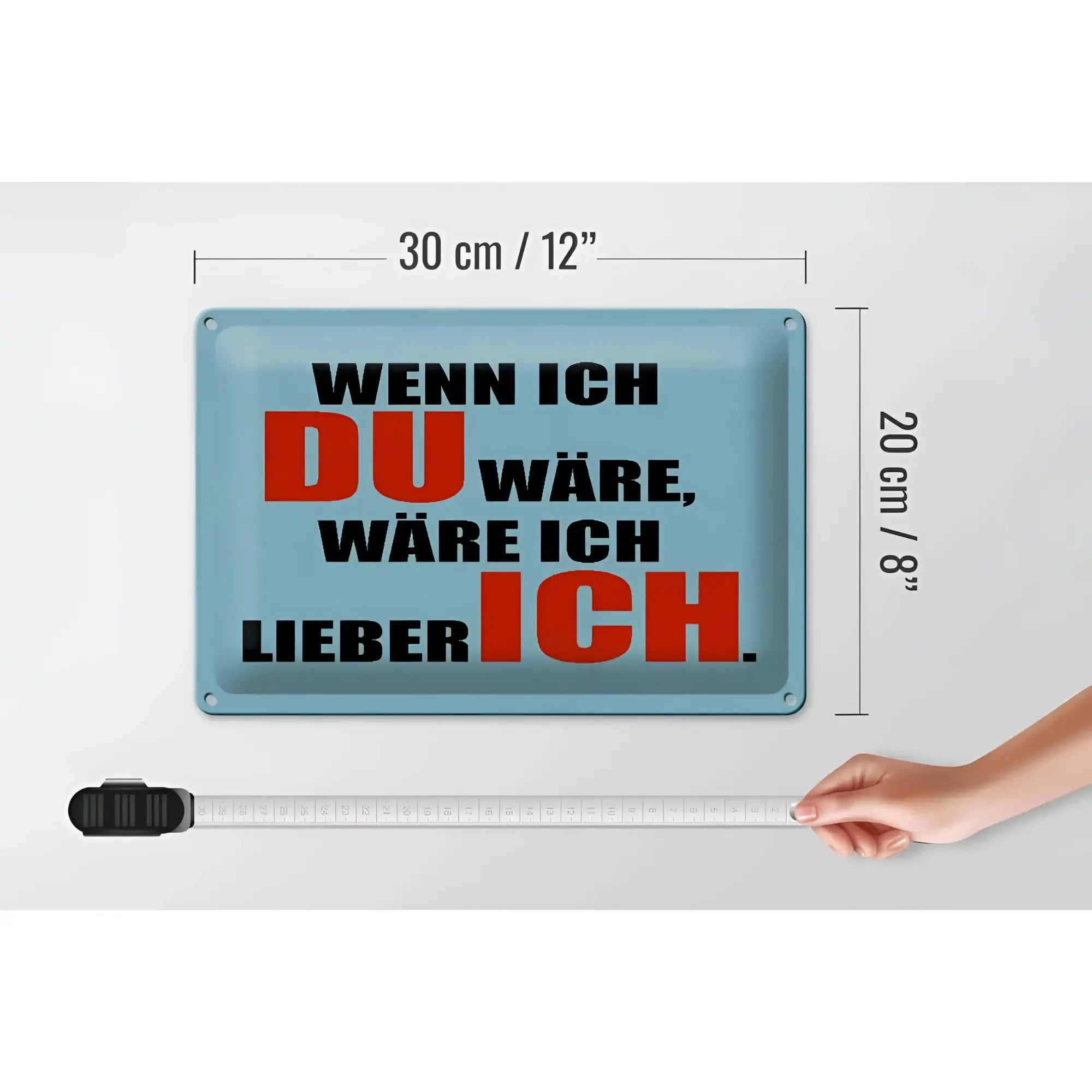 Hellblaues rechteckiges blechschild mit schwarzem und rotem spruch wenn ich du wäre lieber ich 30x20cm