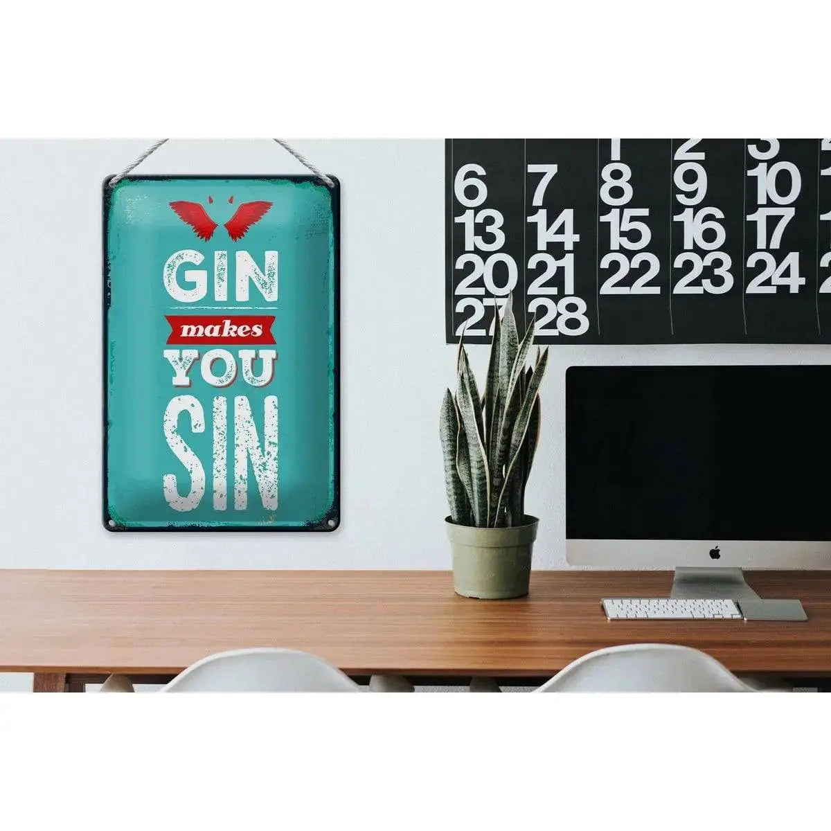Blechschild Spruch Gin makes you Sin Devil Hell 20x30cm