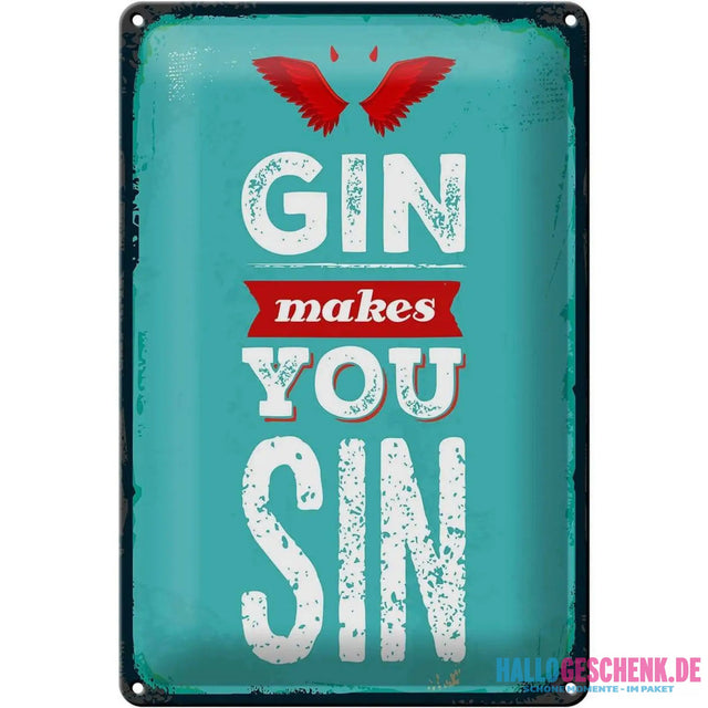 Blechschild Spruch Gin makes you Sin Devil Hell 20x30cm