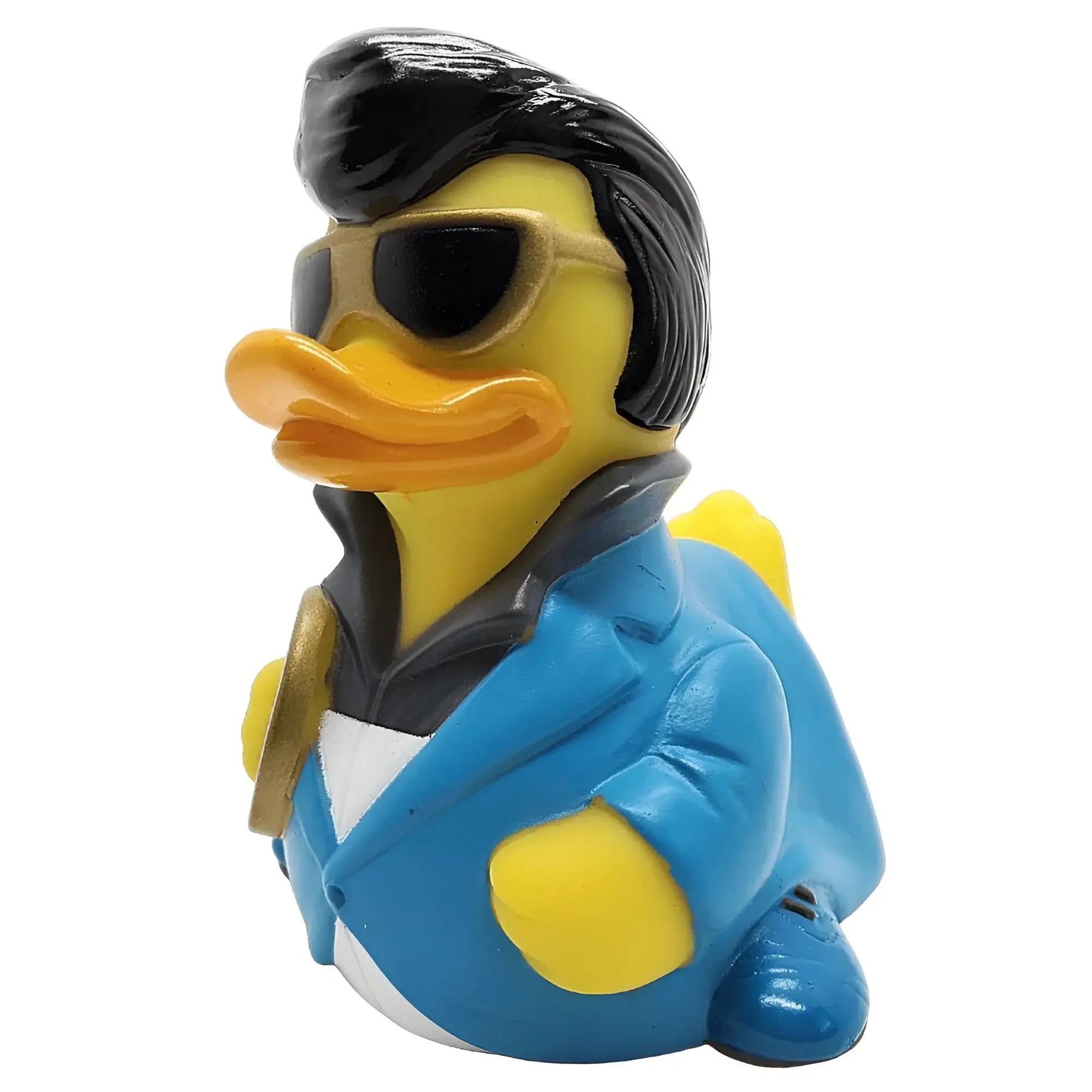 Gelbe gummiente mit schwarzem hair, sonnenbrille und blauem sakko, offizielles celebriducks produkt