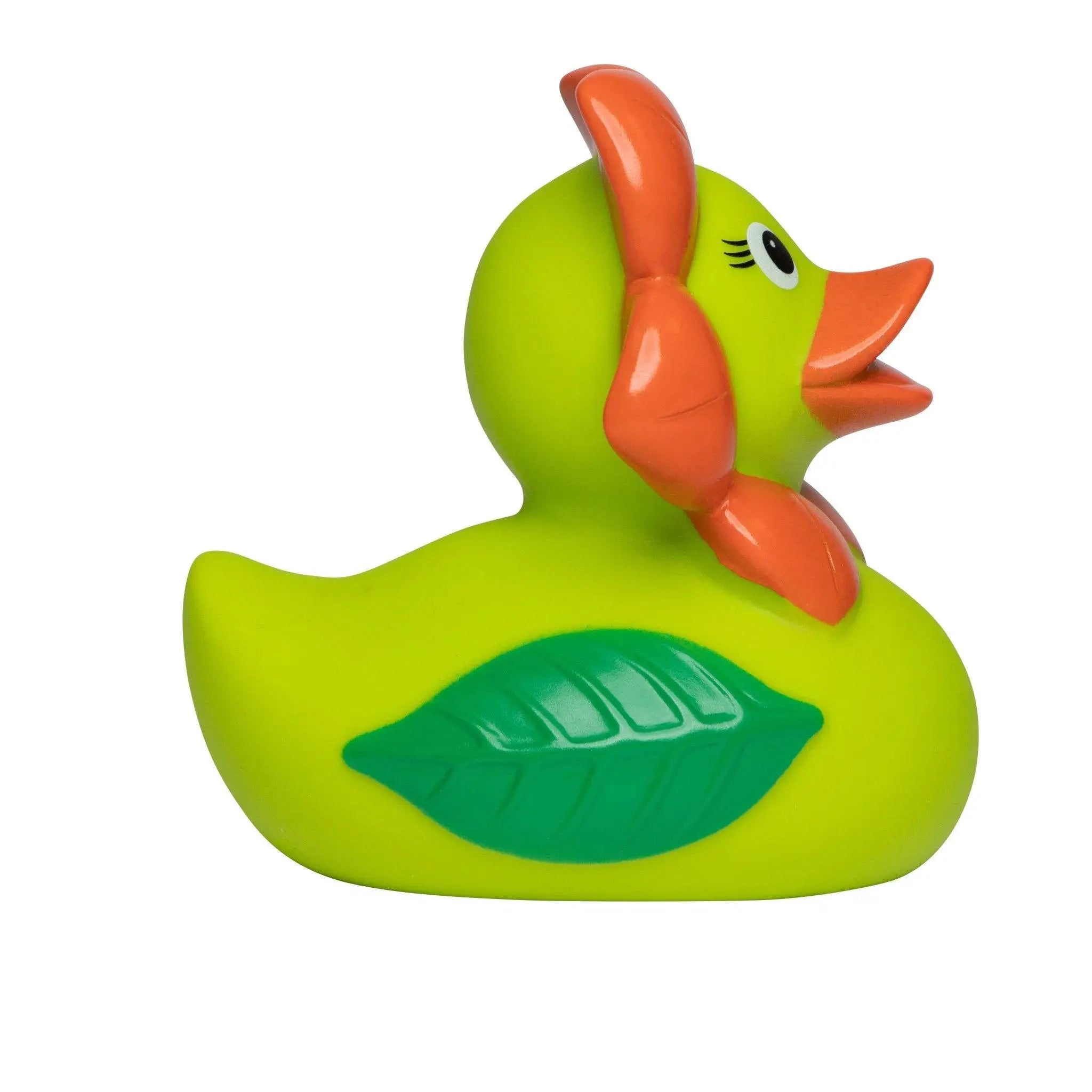 limegrüne blume quietsche-ente mit orangen füßen und schnabel sowie blattdesign auf der seite