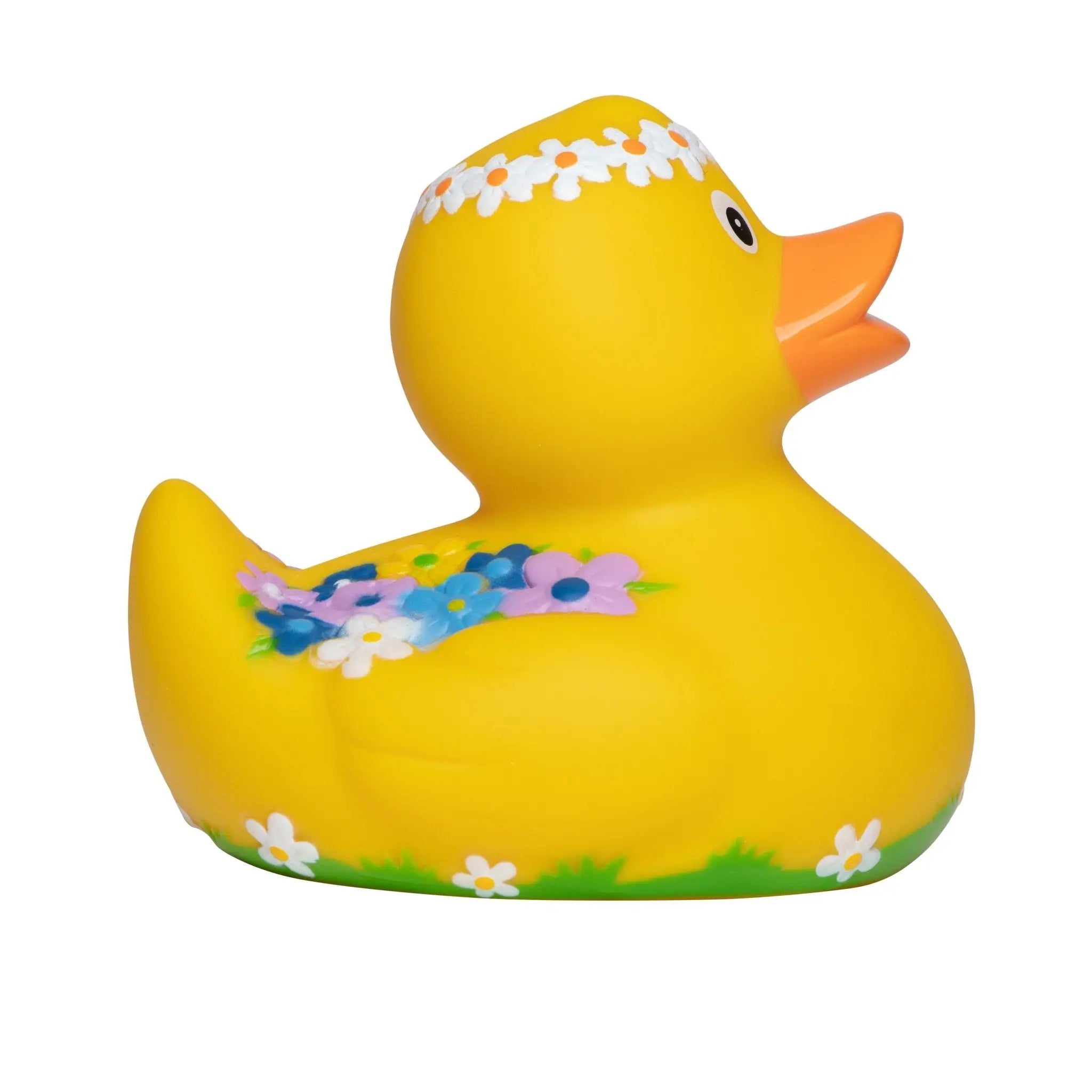 Gelbe quietscheente mit weißen gänseblümchenkranz und buntem blumenmuster für bad und spaß