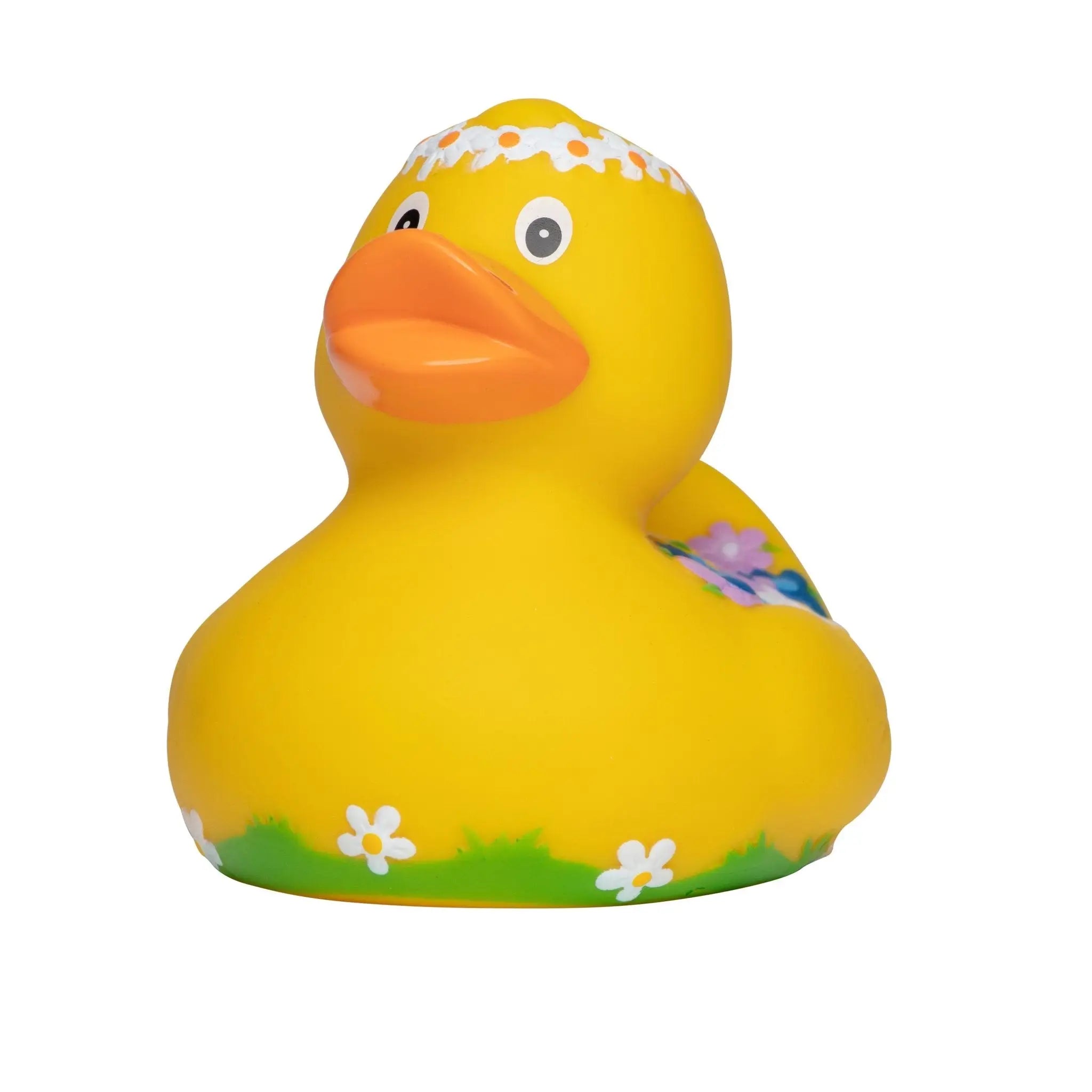 Gelbe badeente mit oranger schnauze, weißem blumenkranz und gemalten gänseblümchen am körper