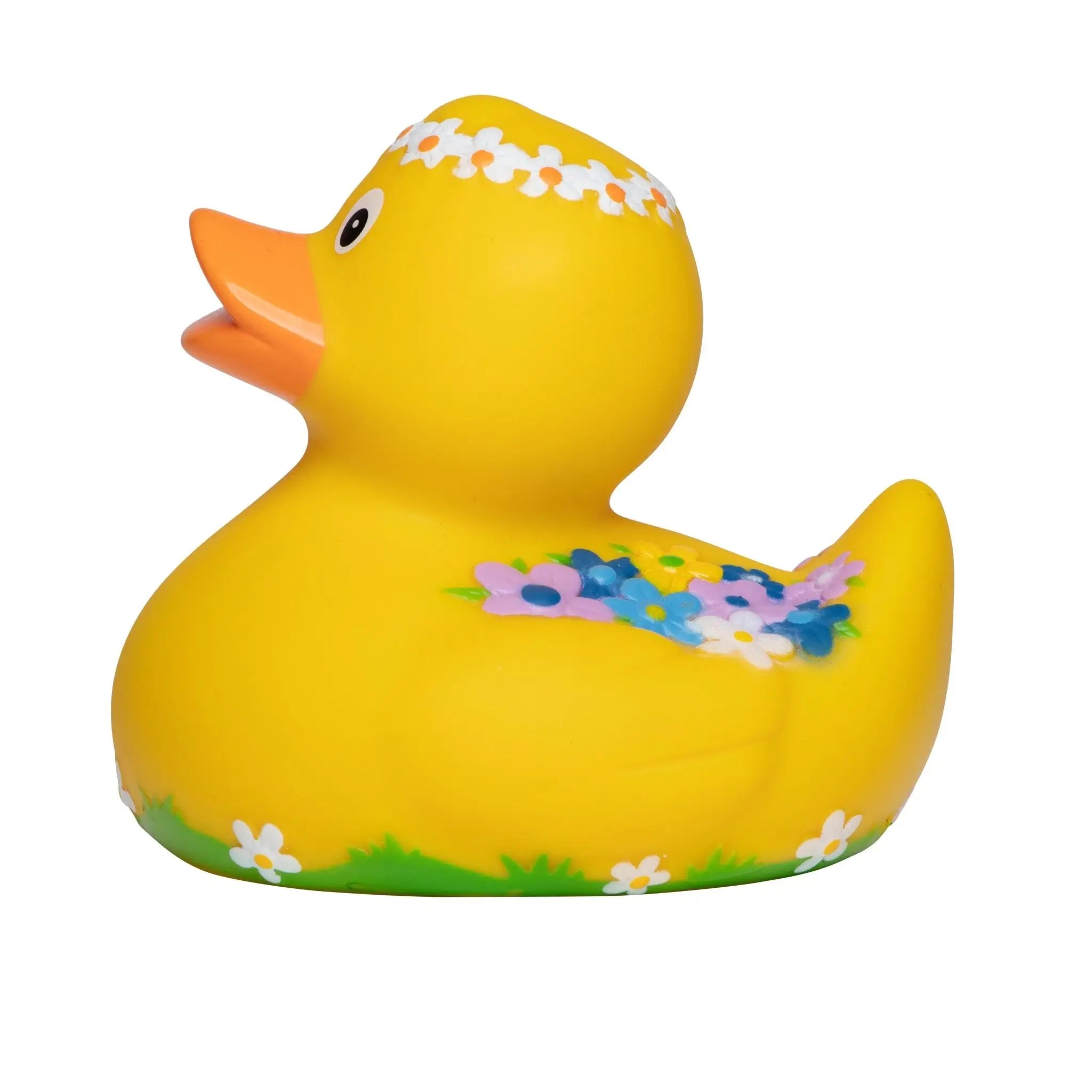 Gelbe badeente mit weißem blumenkranz und bunten blüten bemalt aus der blumenkranz und blütenzauber serie