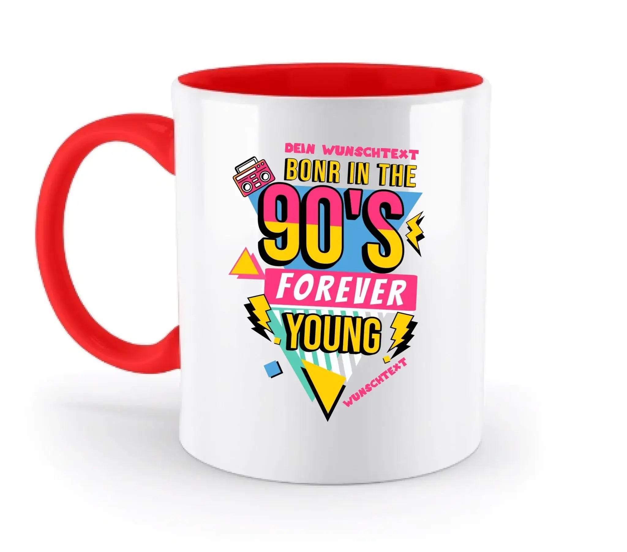 Weiße keramiktasse mit rotem griff und innenbereich mit 90er jahre retro grafik in gelb pink blau und schwarz