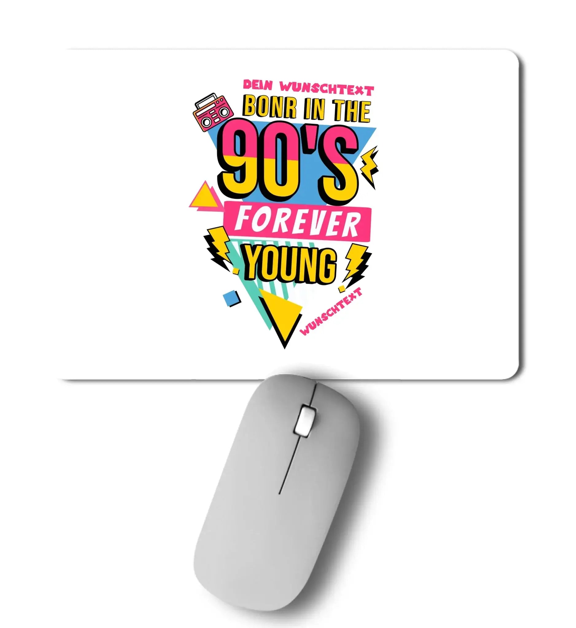 Weißes rechteckiges mousepad mit 90er jahre design in gelb und pink aus der born in the 90s statement-collection