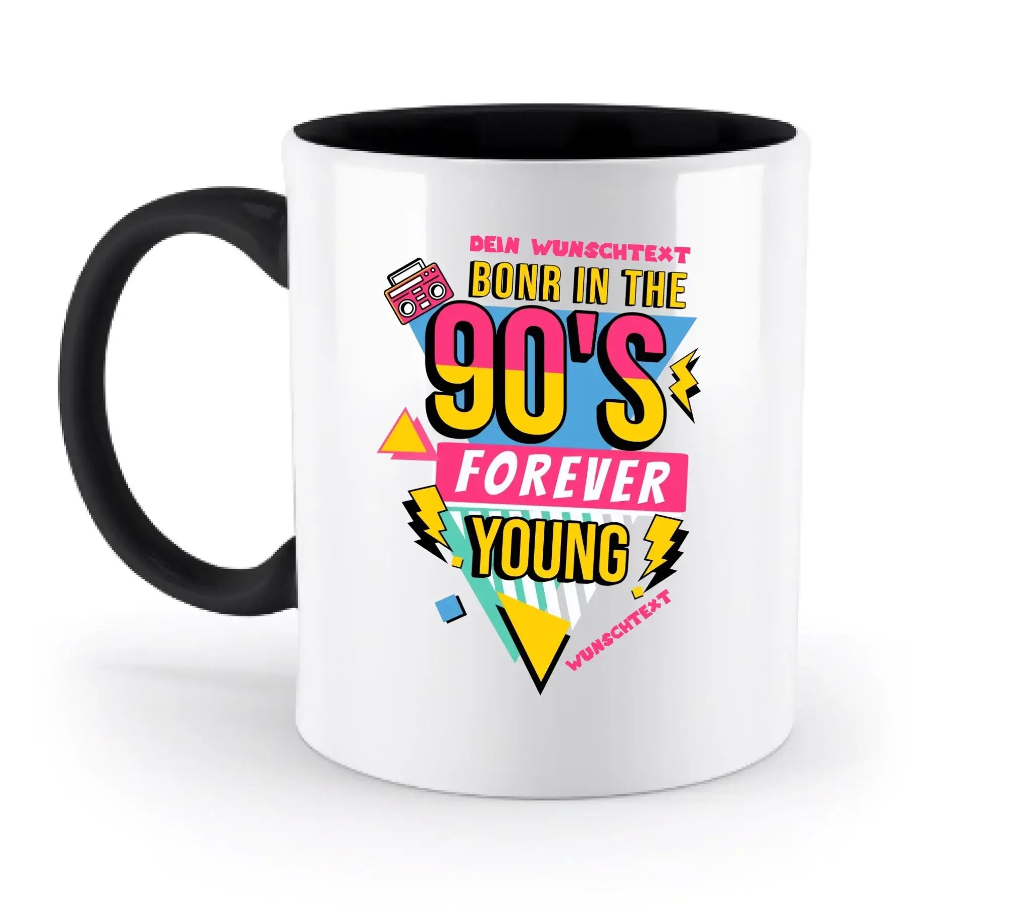 Weiße keramiktasse mit schwarzem griff und innenraum mit buntem 90er jahre retro grafikdesign aus der statement collection