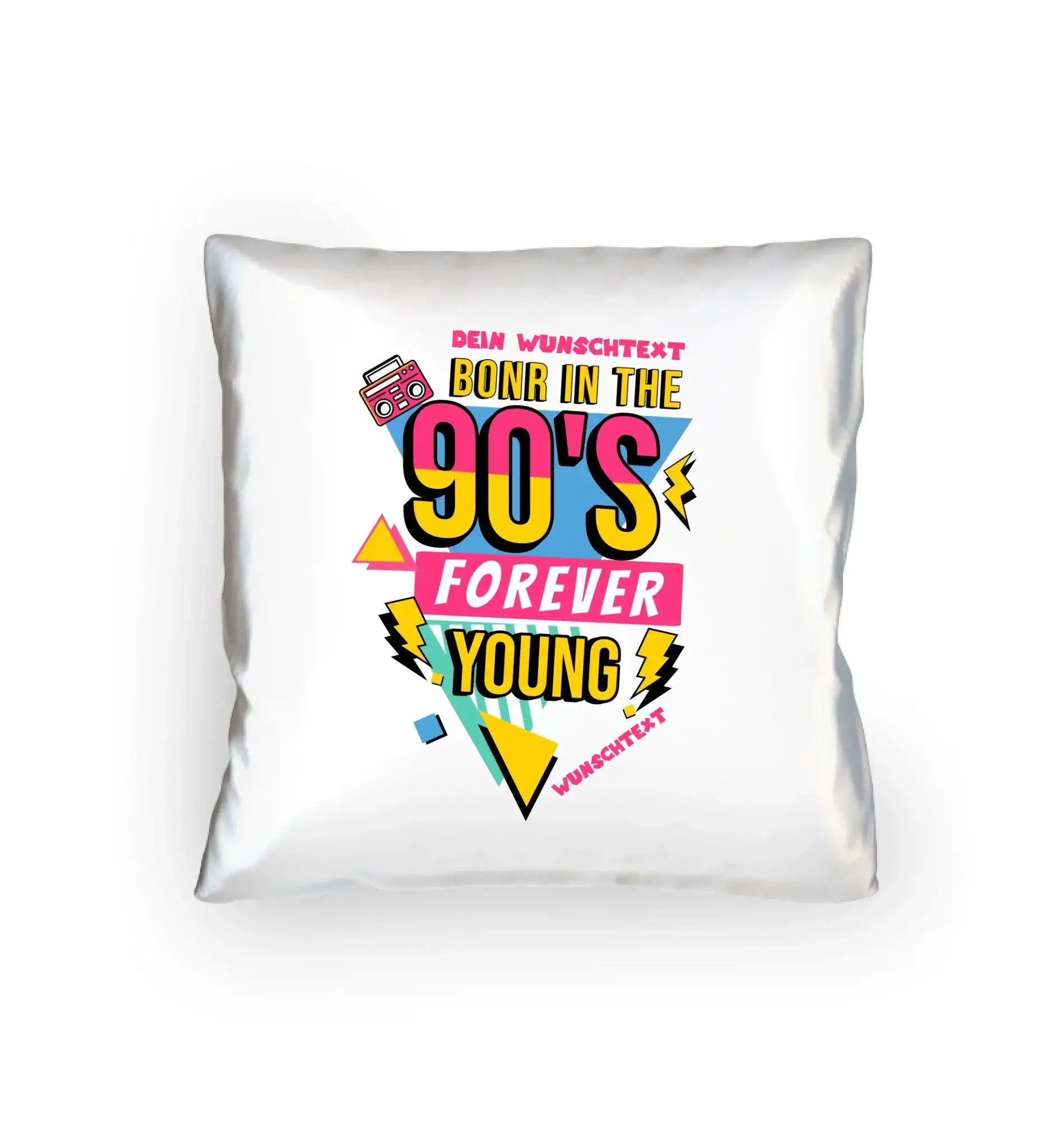 Weiße dekorative kissen mit lebendigem 90er grafikdesign born in the 90s forever young in pink gelb und türkis