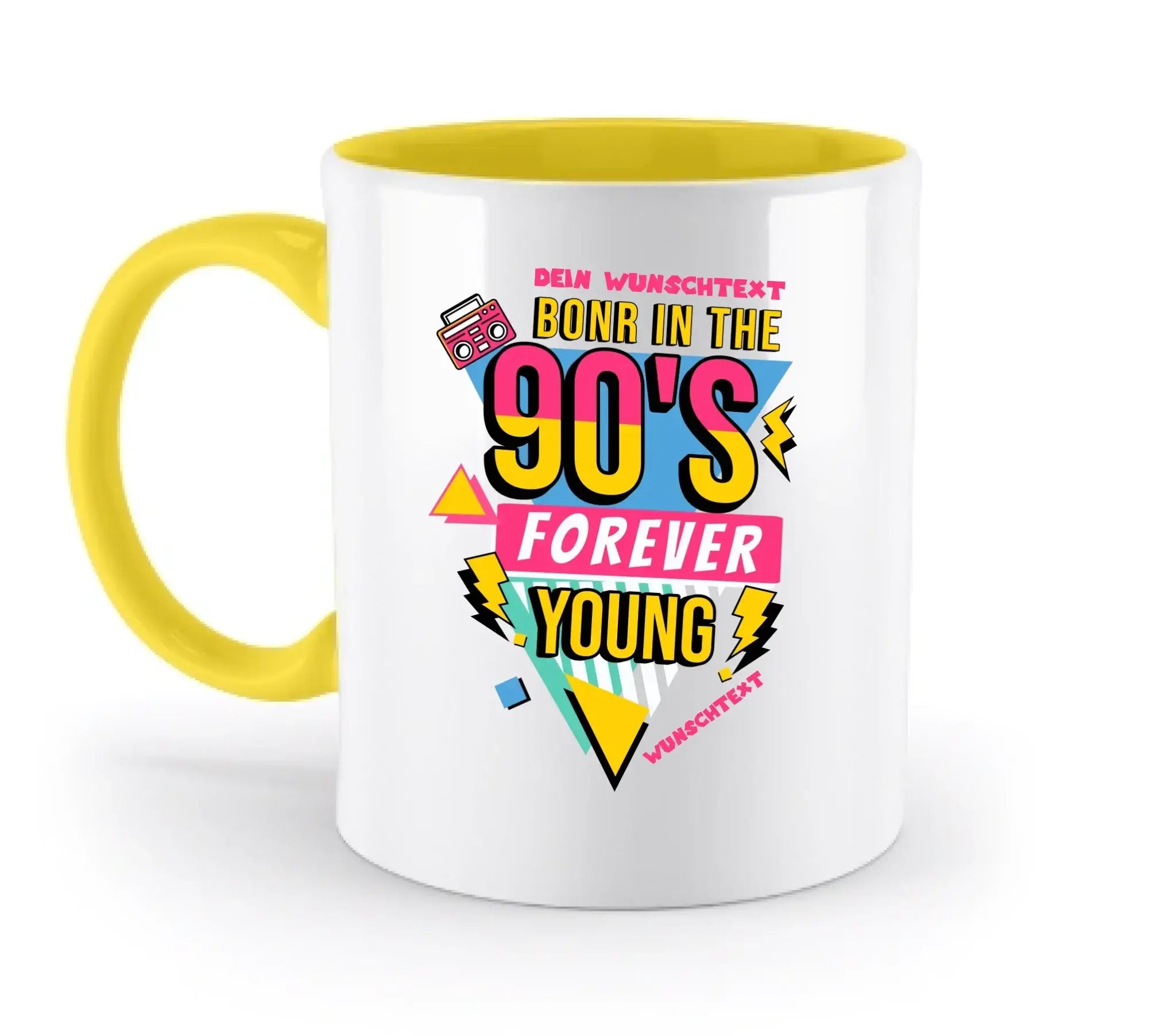 Weiße keramiktasse mit gelbem griff und innenraum mit buntem 90er jahre motiv aus der born in the 90s statement-collection