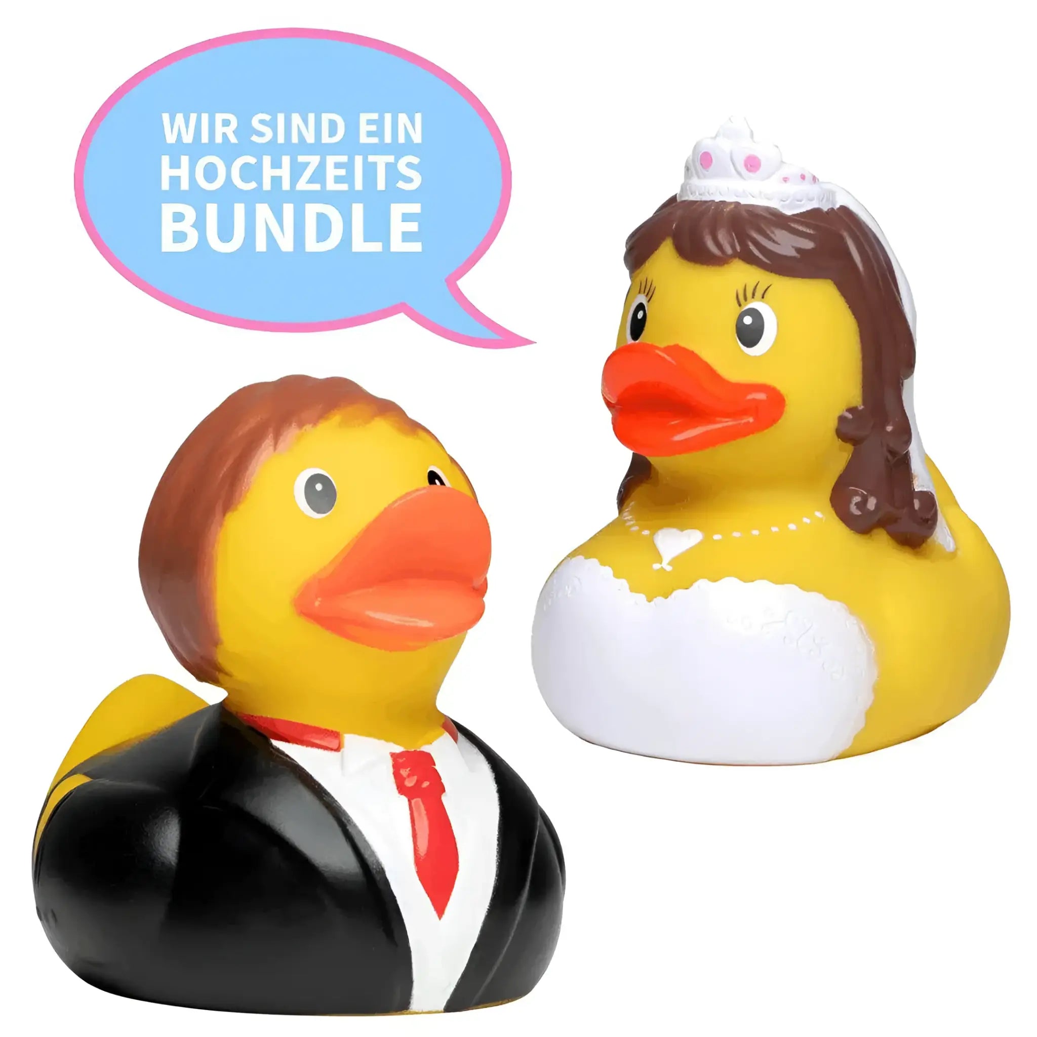 Gelbe Quietscheente Hochzeit Brautpaar mit bride in weiß dress und groom in schwarz tuxedo mit rot tie