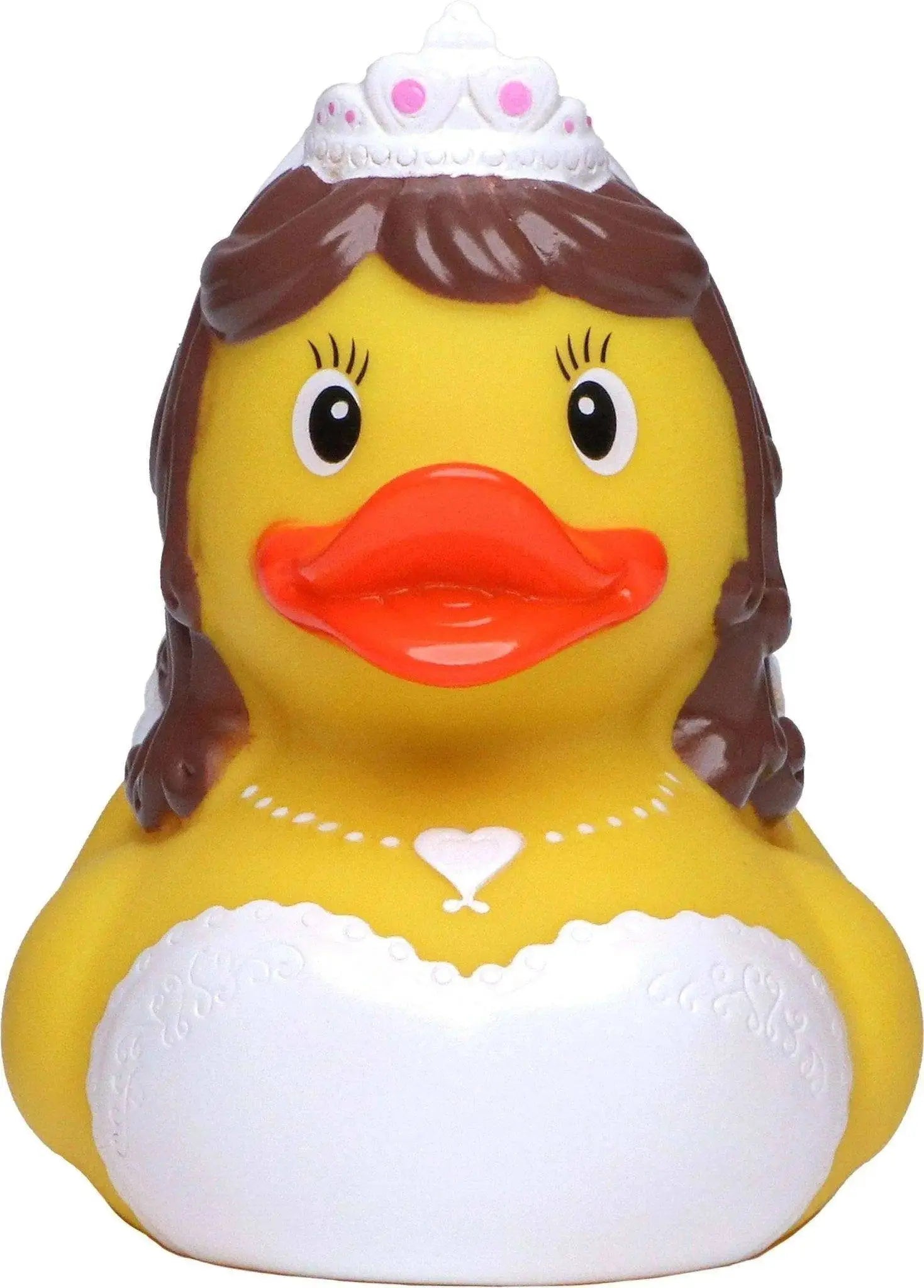 Gelbe badeente als braut mit braunen haaren, weißem spitzenhochzeitskleid und tiara mit rosa juwelen