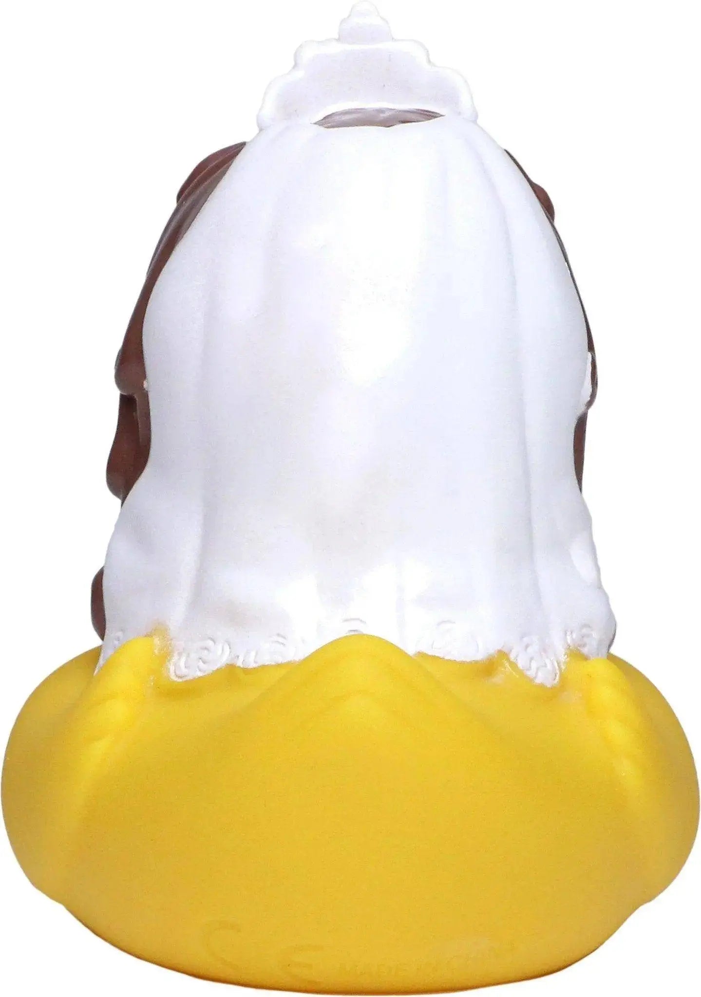 Gelbe quietsche-ente mit braunen haaren und weißem schleier als brautpaar badeente set zur hochzeit