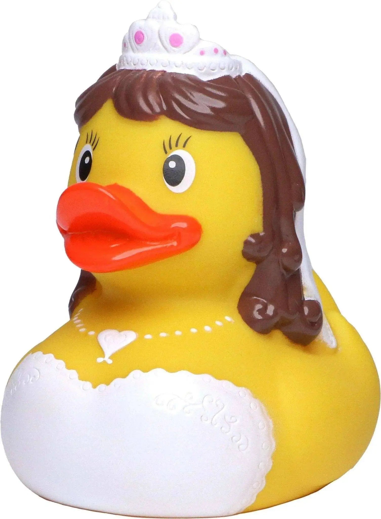 Gelbe quietscheente als braut mit braunen haaren weißem schleier und tiara mit pinken punkten im badeente set Hochzeit