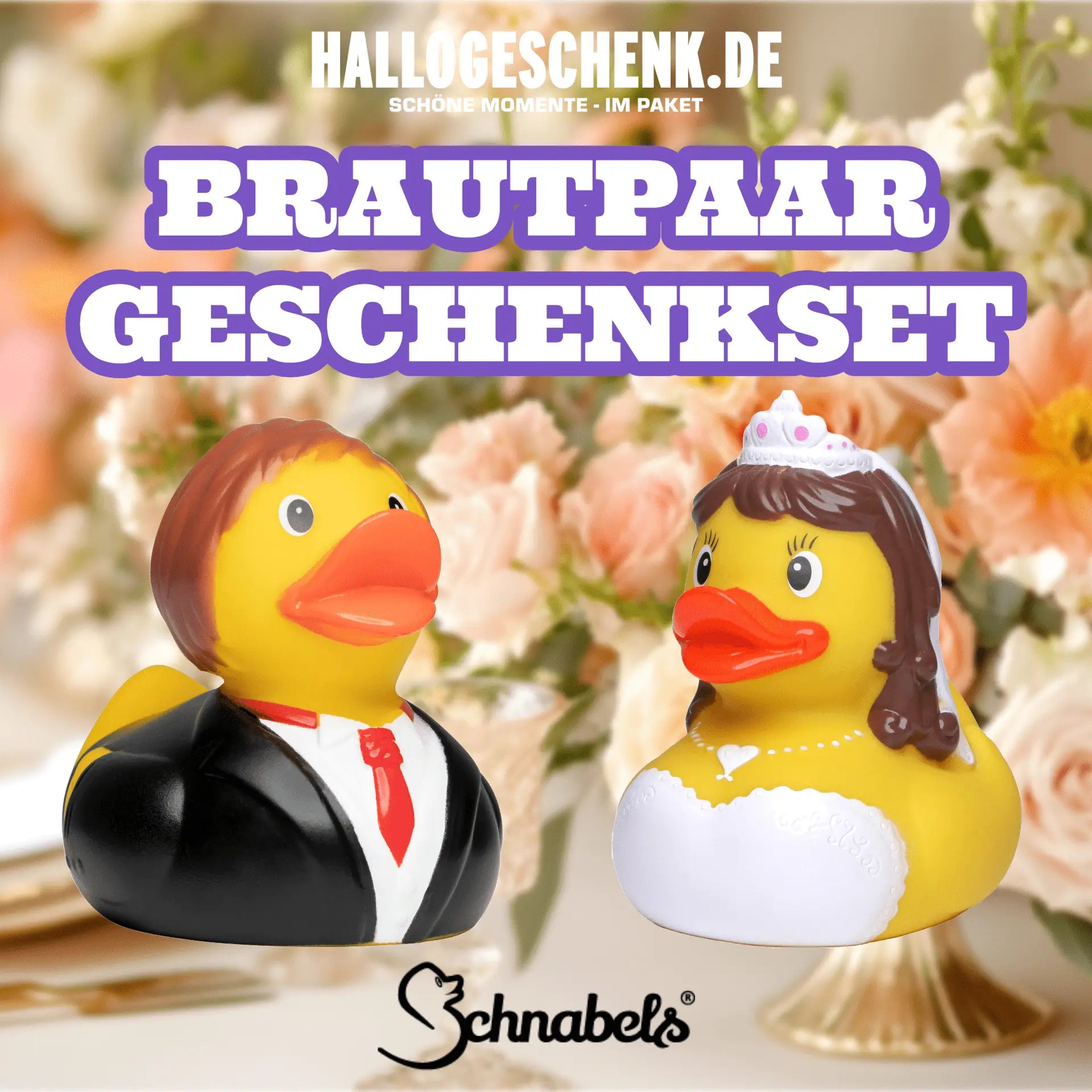 Gelbes quietsche-ente hochzeit brautpaar set mit bräutigam im schwarzen anzug und braut im weißen kleid