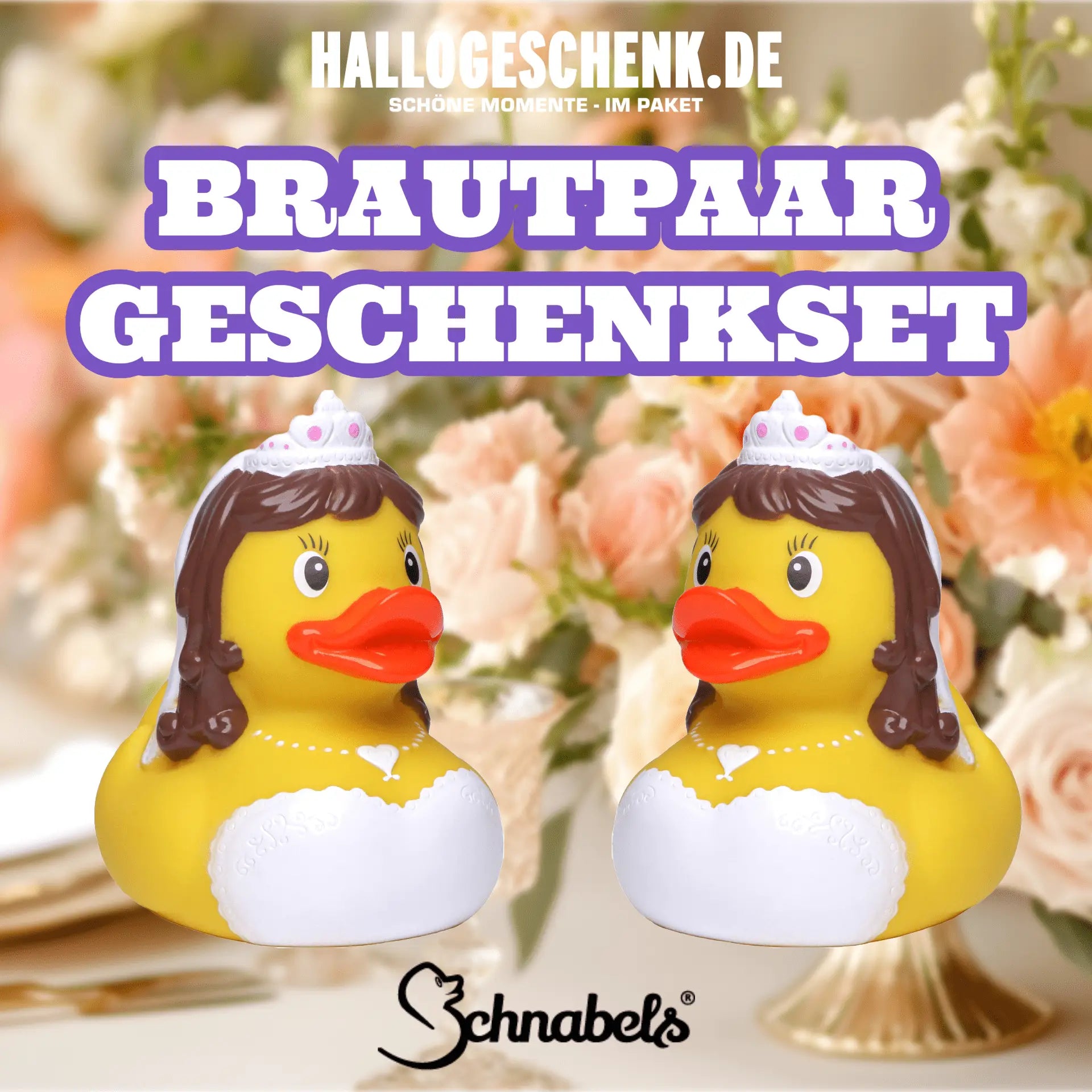 Gelbe quietscheenten brautpaar mit weißen tiara und brautkleid aus spitze als badeente set zur hochzeit