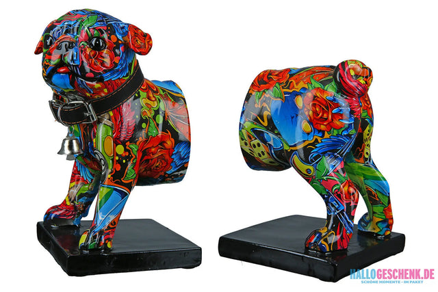 Buchstützen: Bulldogge „Street Art 2“ – 2-teilig • Kunstharz • mehrfarbig • 20x22,5x12 cm • Gilde - Buchstützen