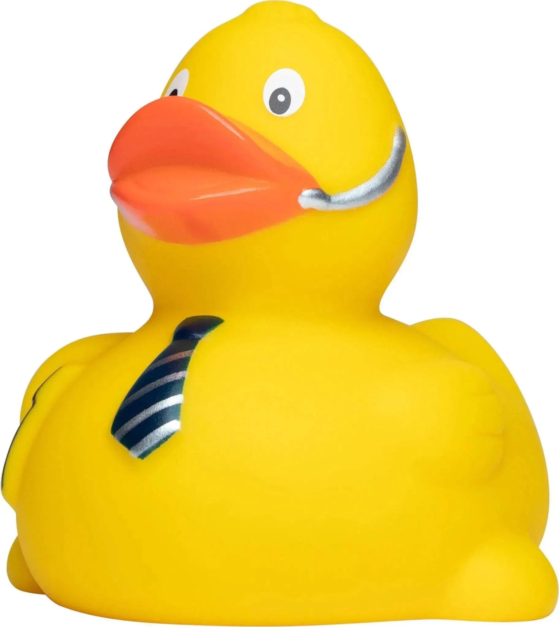 Gelbe badeente mit orangefarbenem schnabel und blau silber gestreifter krawatte von büro kaufmann