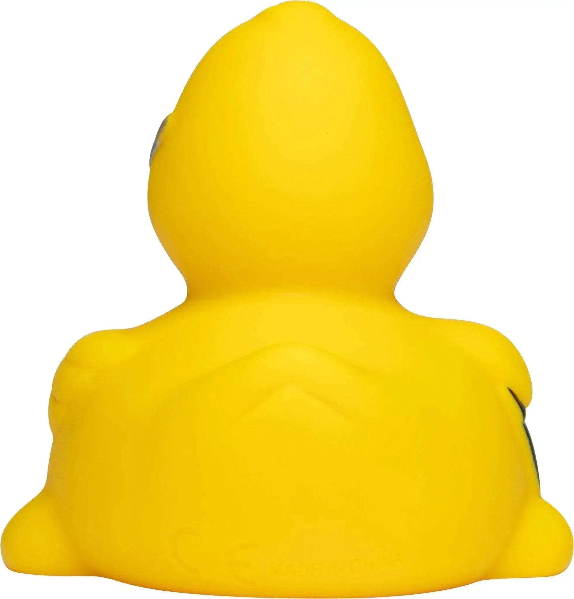 Eine helle gelbe büro kaufmann job quietsche-ente aus gummi mit glatter glänzender oberfläche und einfachen schwarzen liniendetails