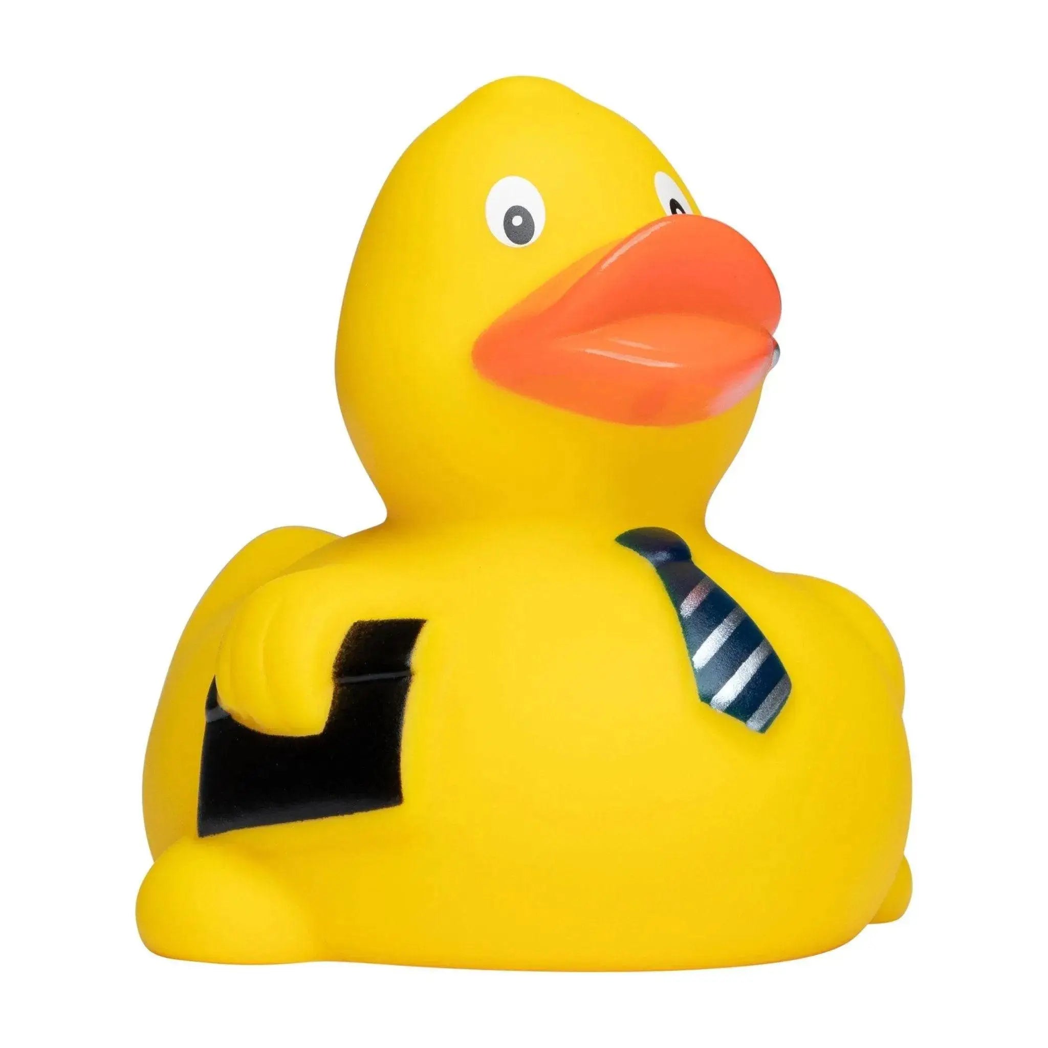 Gelbe badeente büro kaufmann mit blau weiß gestreifter krawatte und einem schwarzen arm für job spaß