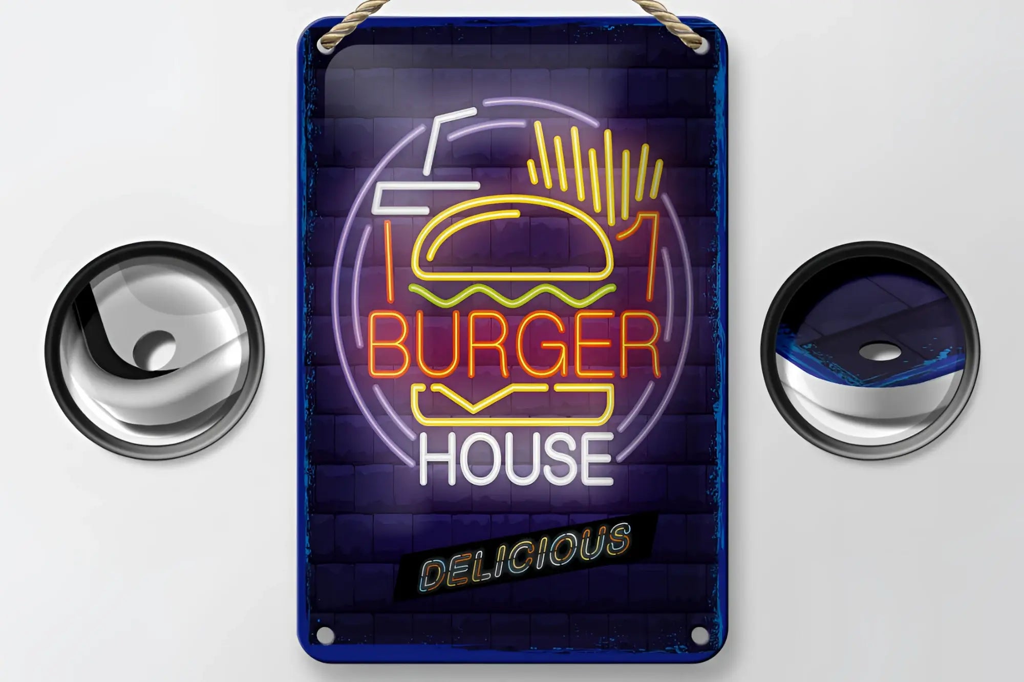 Neon style burger house blechschild 20x30cm mit leuchtendem orange gelbem burger auf dunkelblauer ziegelwand