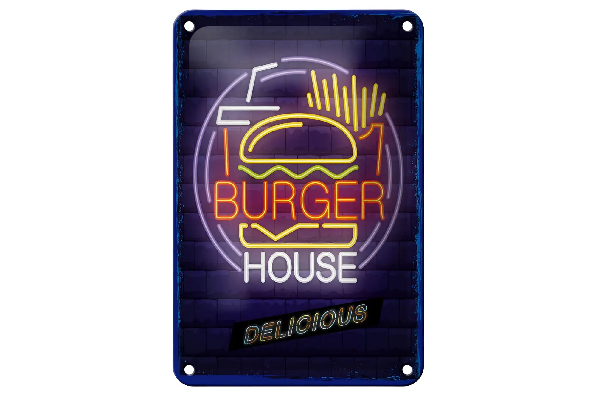 Neon style blechschild burger house 20x30cm mit leuchtendem burger und pommes design vor dunkler ziegelwand