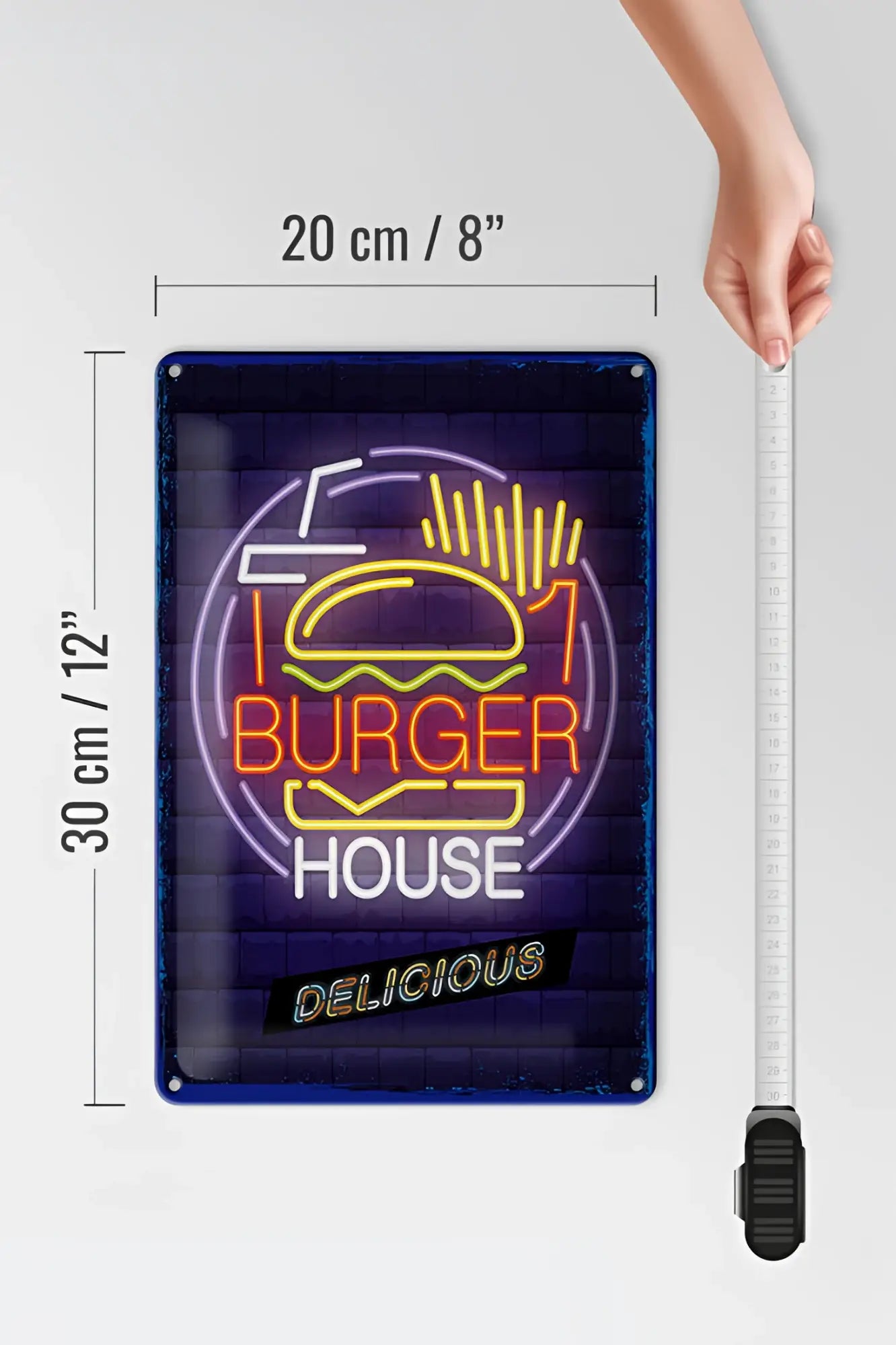 Neon style burger house blechschild 20x30cm mit leuchtenden orange gelben buchstaben auf dunkelblauem ziegelhintergrund