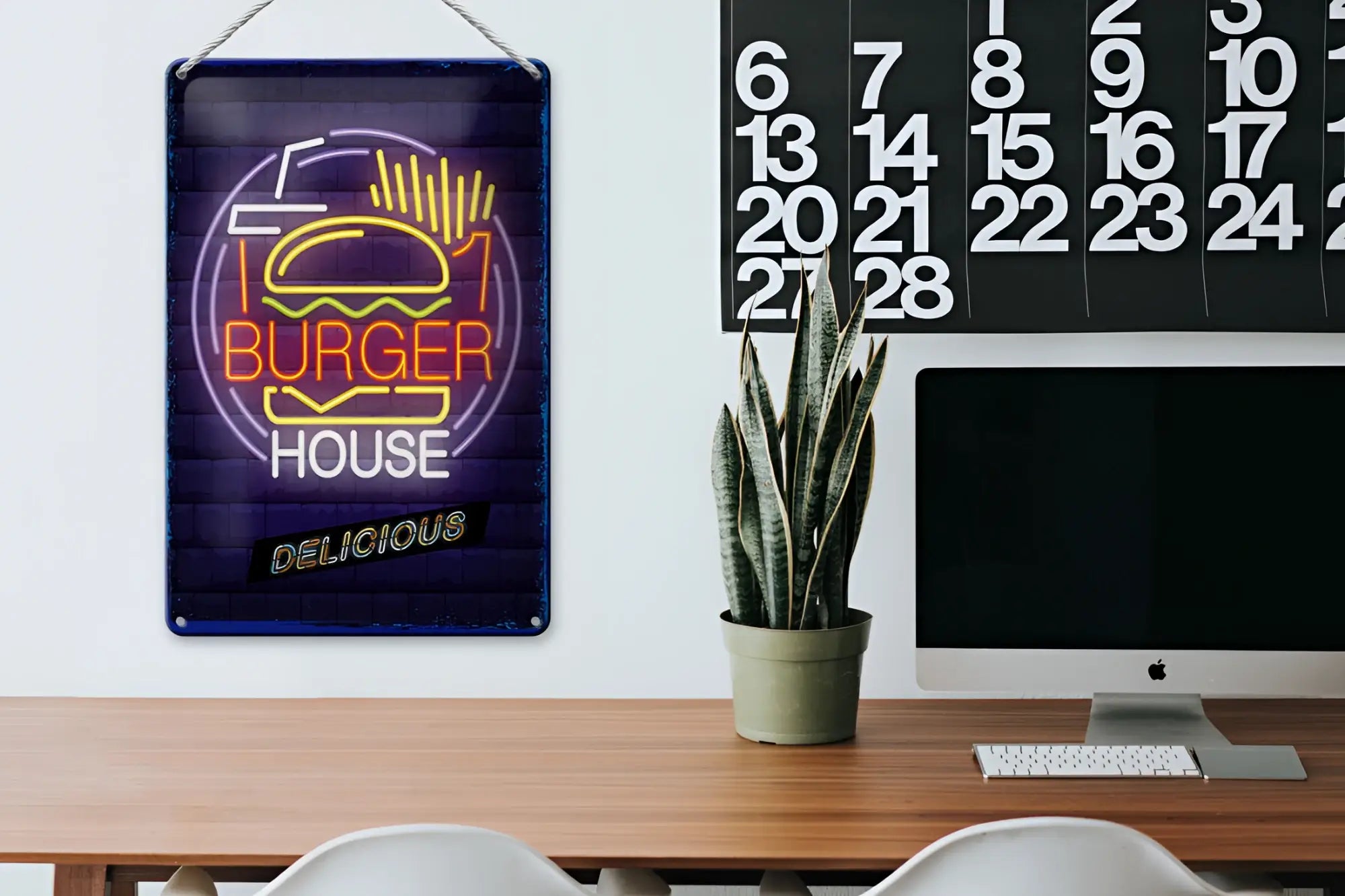 Neon burger house blechschild 20x30cm mit leuchtenden orange und gelben buchstaben auf dunklem blauem hintergrund