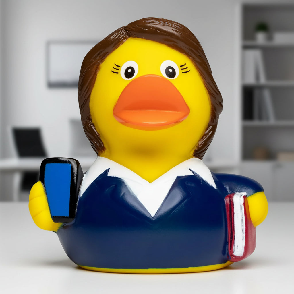 Gelbe quietscheente mit braunen haaren im Marine blazer hält smartphone und rotes buch businesswoman badeente