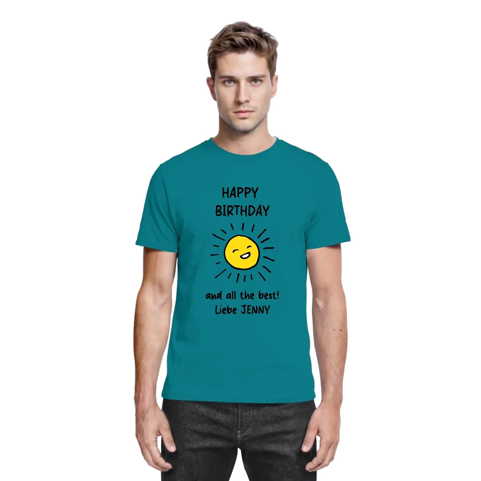 Teal baumwoll t-shirt mit fröhlicher gelber sonne und text happy birthday und alles gute liebe jenny fürs geburtstag motiv 3
