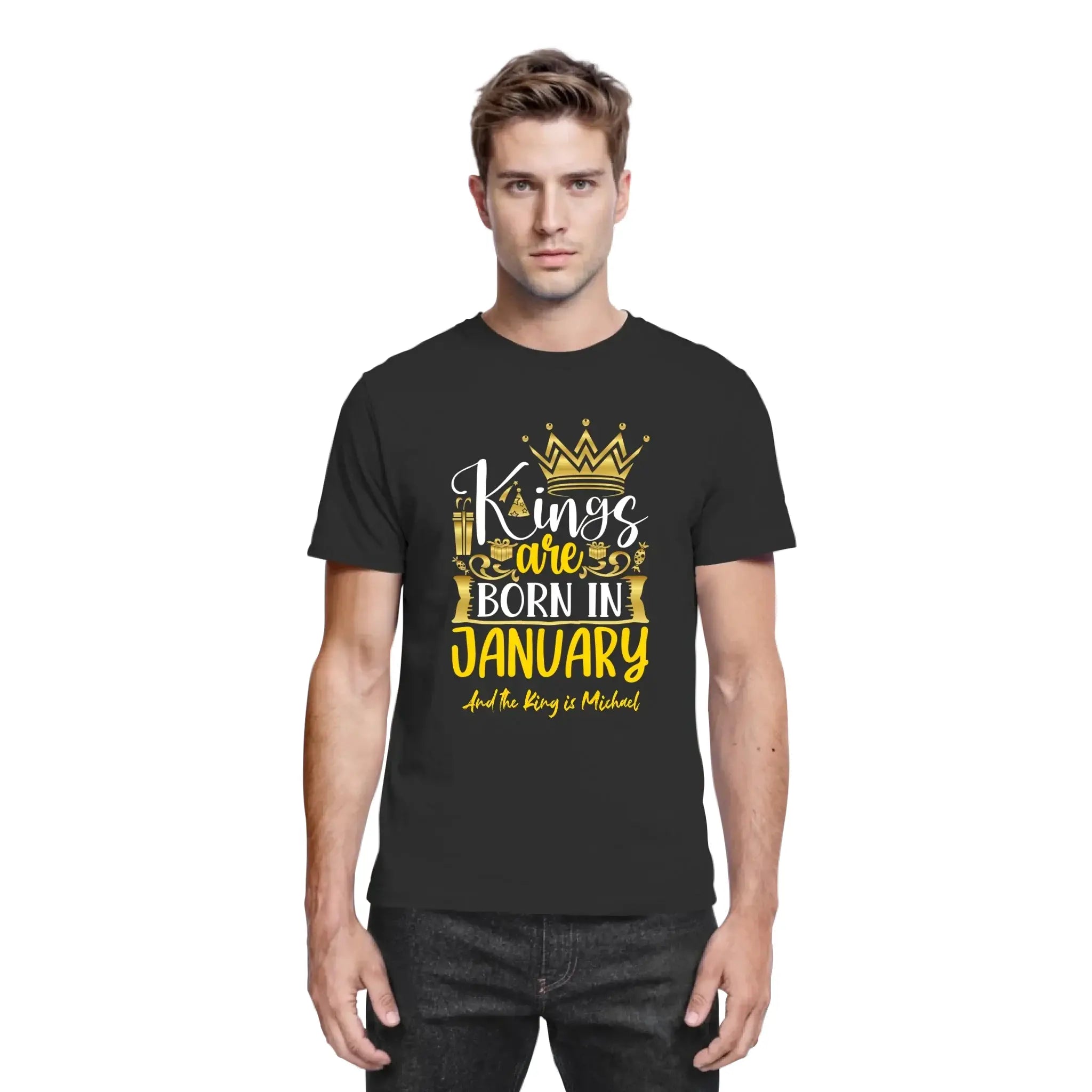 Schwarzes baumwollshirt mit goldfolie print kings are born in january und kronenmotiv geburtstag motiv 7 kings