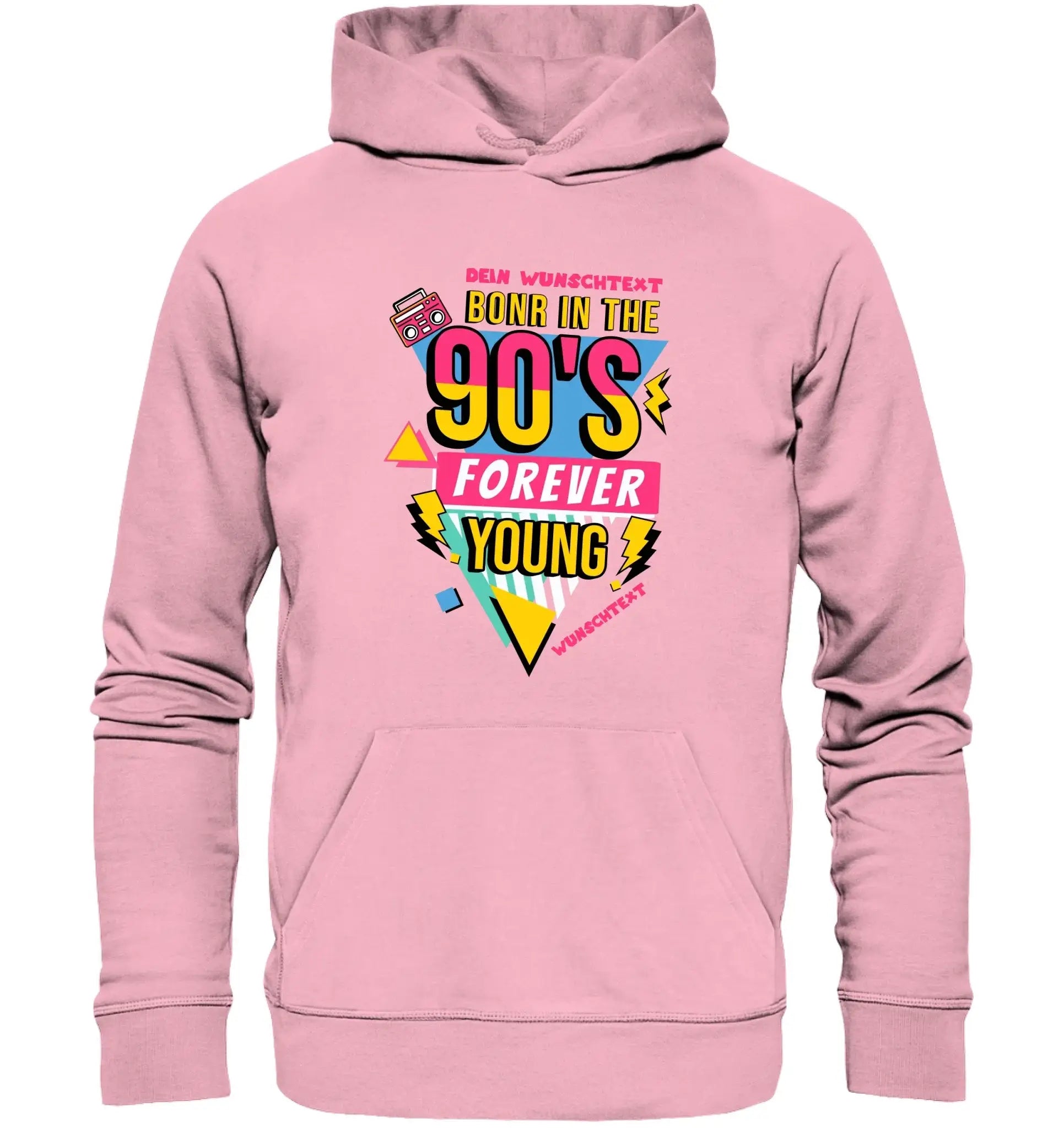 Pink hoodie mit leuchtendem 90er jahre grafikdesign und retro kassettenspieler aus der statement collection