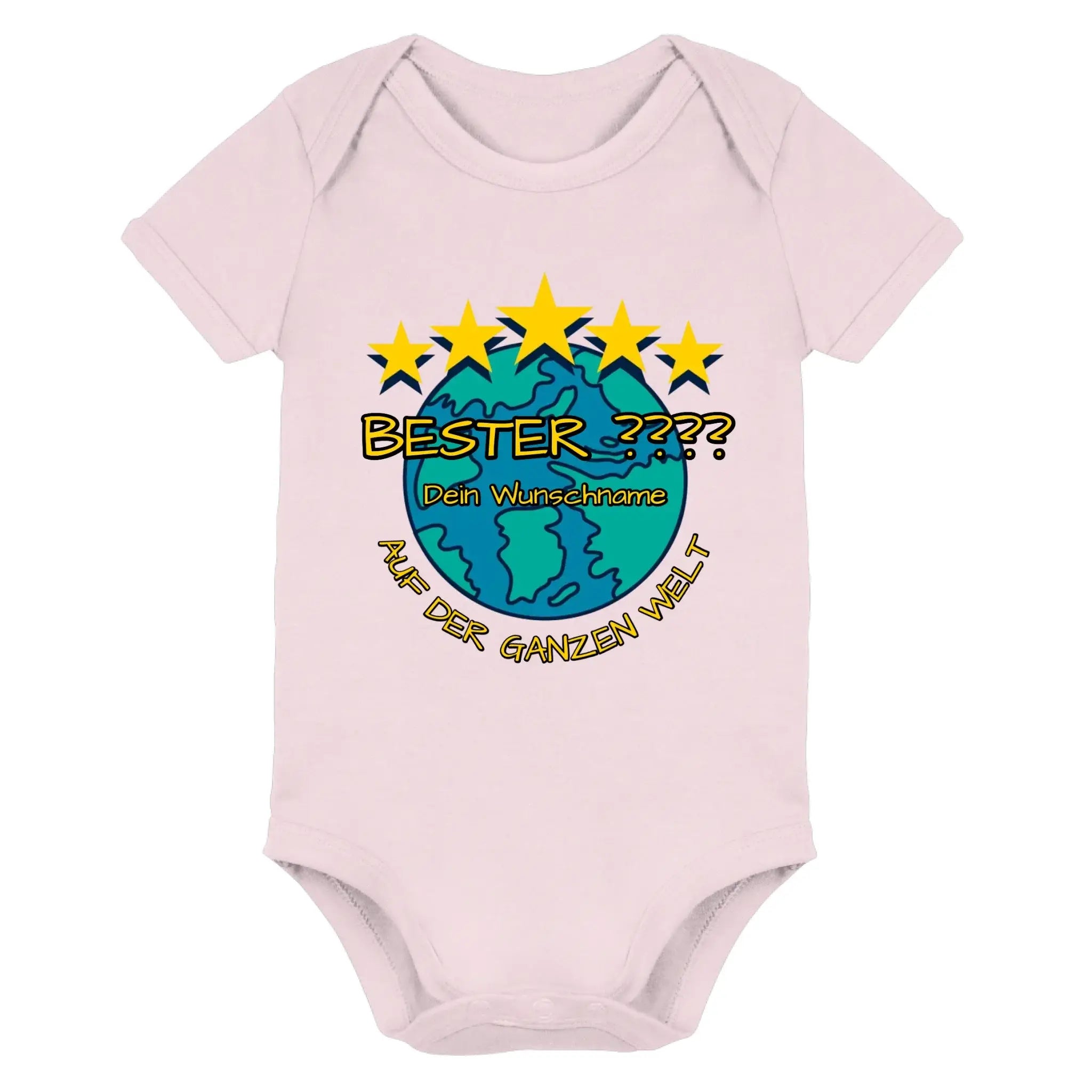Pale pink baby strampler mit buntem globus und gelben sternen motiv aus der 5 sterne statement collection