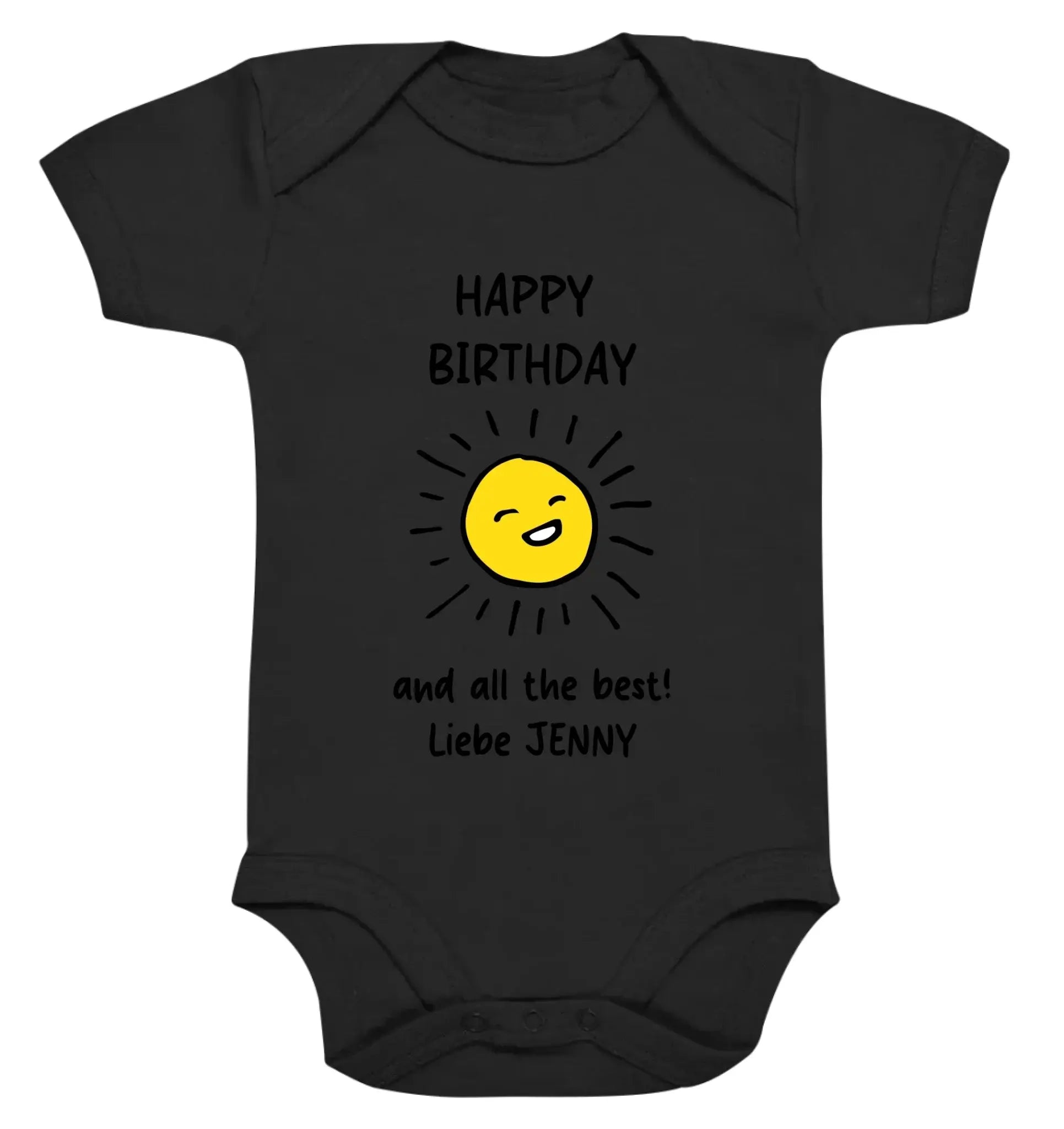 Schwarzer babystrampler mit fröhlicher gelber sonnengrafik und text happy birthday und alles gute liebe jenny