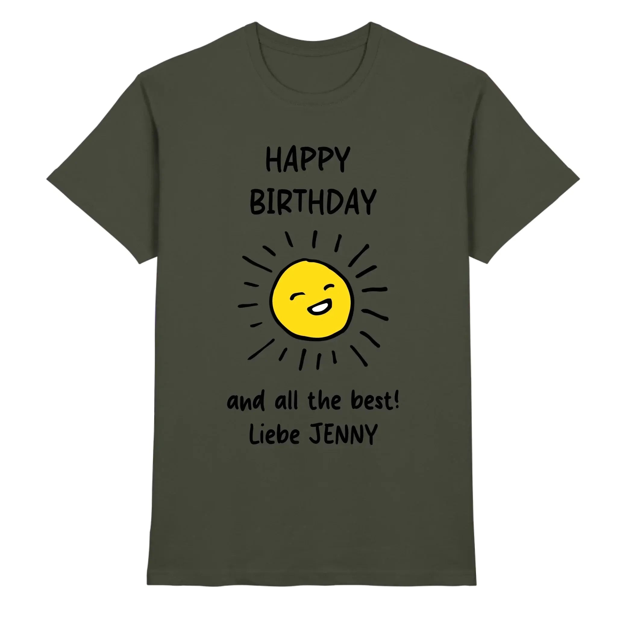 Olivgrünes baumwollshirt mit gelber sonne und text happy birthday und all the best liebe jenny geburtstag motiv 7 kings