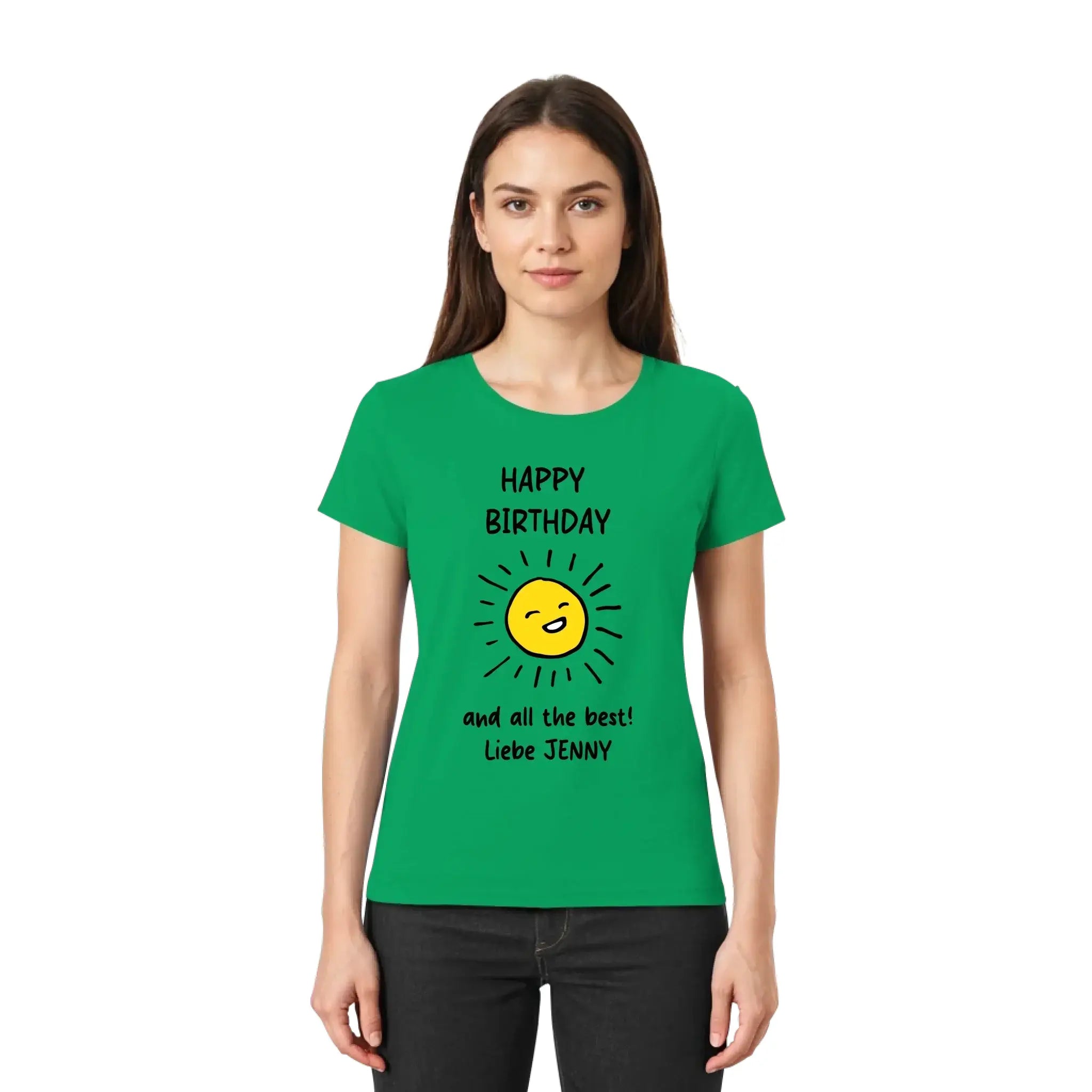 Grünes kurzarmshirt mit gelber sonne und schwarzem text happy birthday und liebe jenny geburtstag motiv 5 verwandte girl